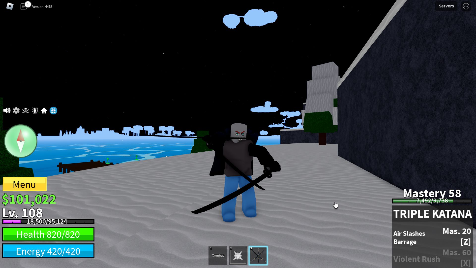 Blox Fruits on Roblox, a character using triple katana