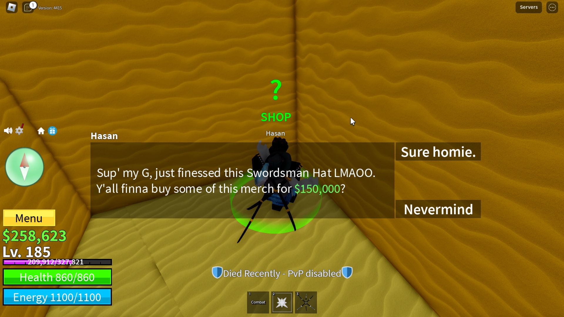 Roblox Blox Fruits, the dialogue of Hasan NPC about the swordsman Hat