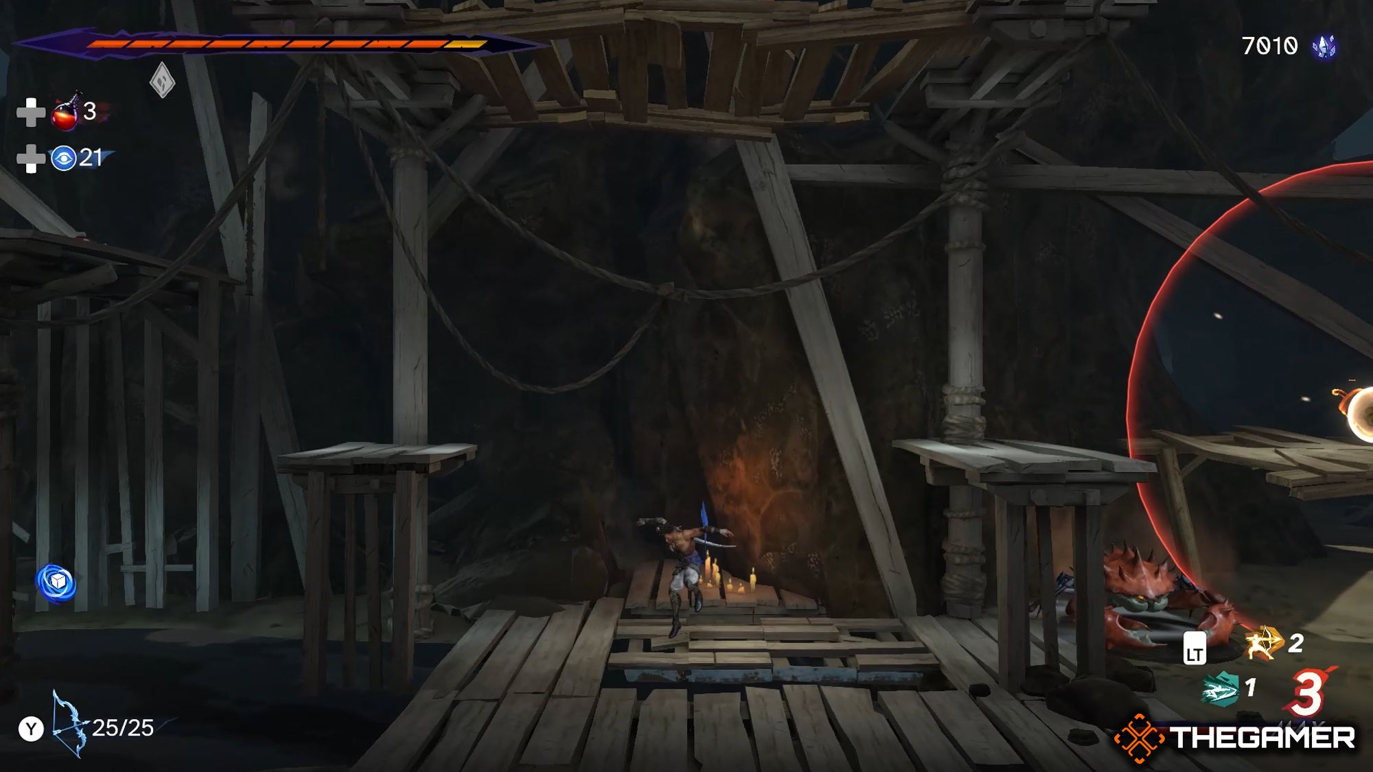 Sargon Falling On A Wooden Platfrom With Crab Enemy On It