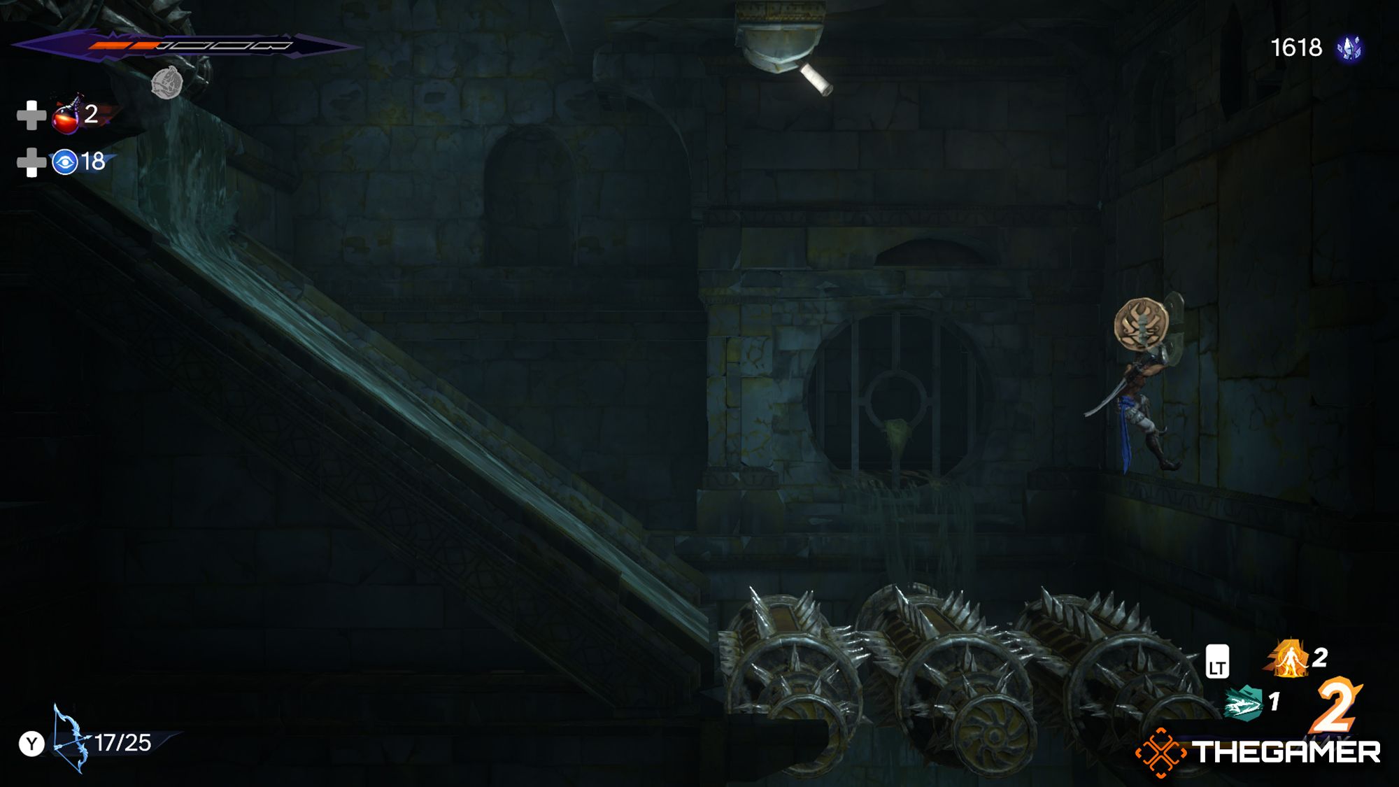 Sargon Holding A Handhold In A Gap With Spiked Cyclinders With A Xerxes Coin Above His Head
