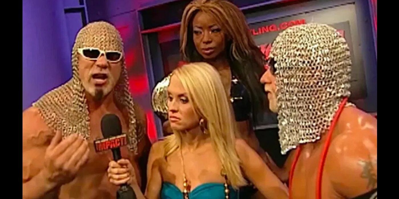 scott steiner giving his infamous math promo while wearing a chainmail hat