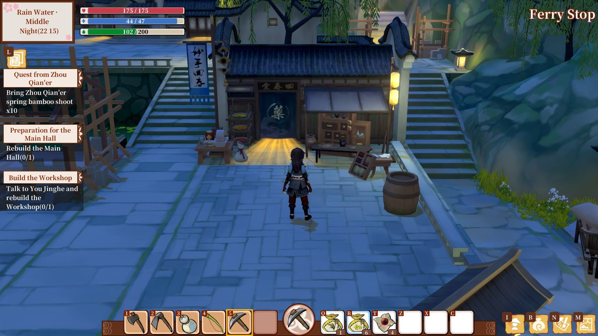 the protagonist in front of secret location at ferry shop