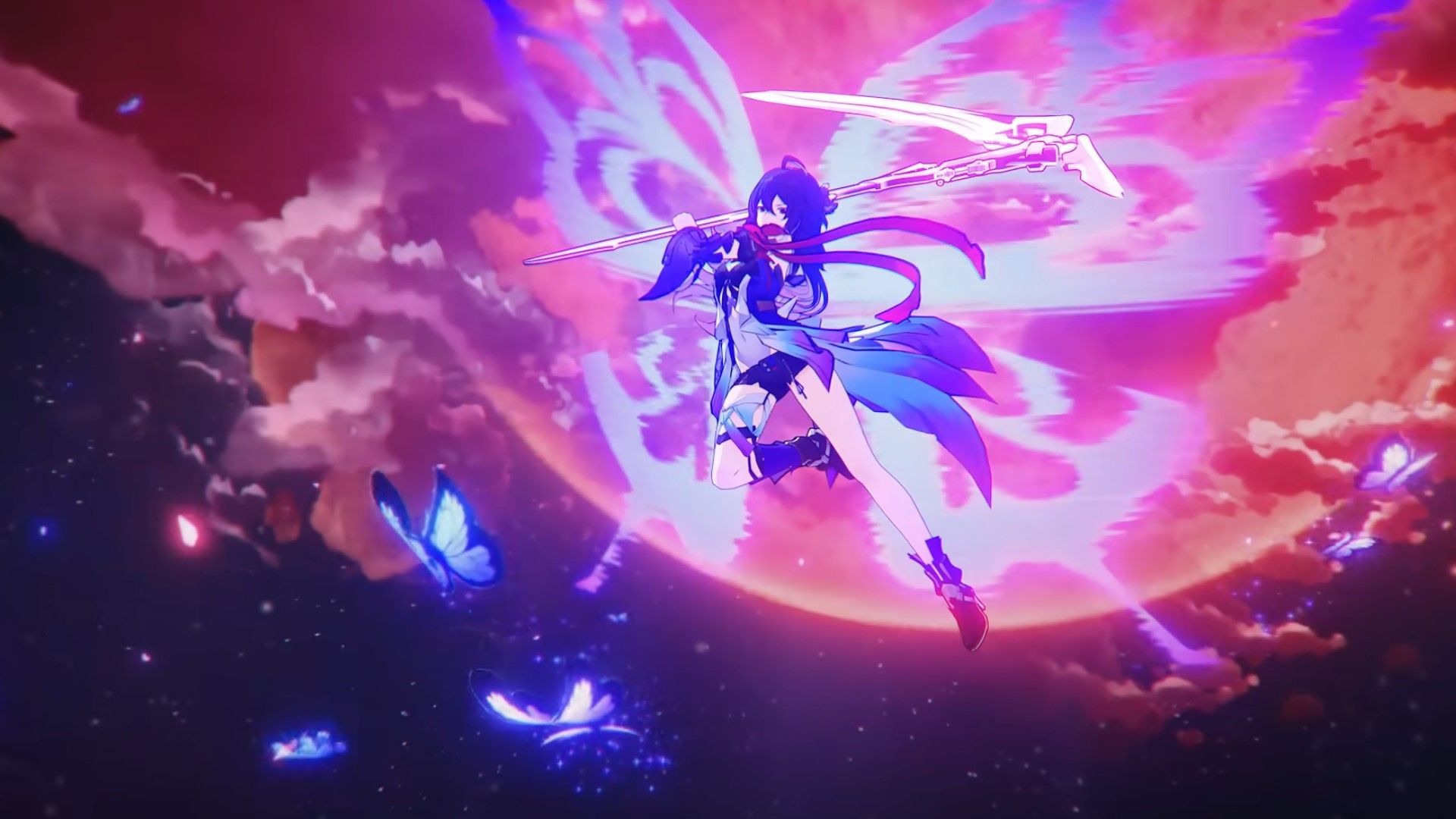 Honkai Star Rail's Seele attacks in front of a red moon.