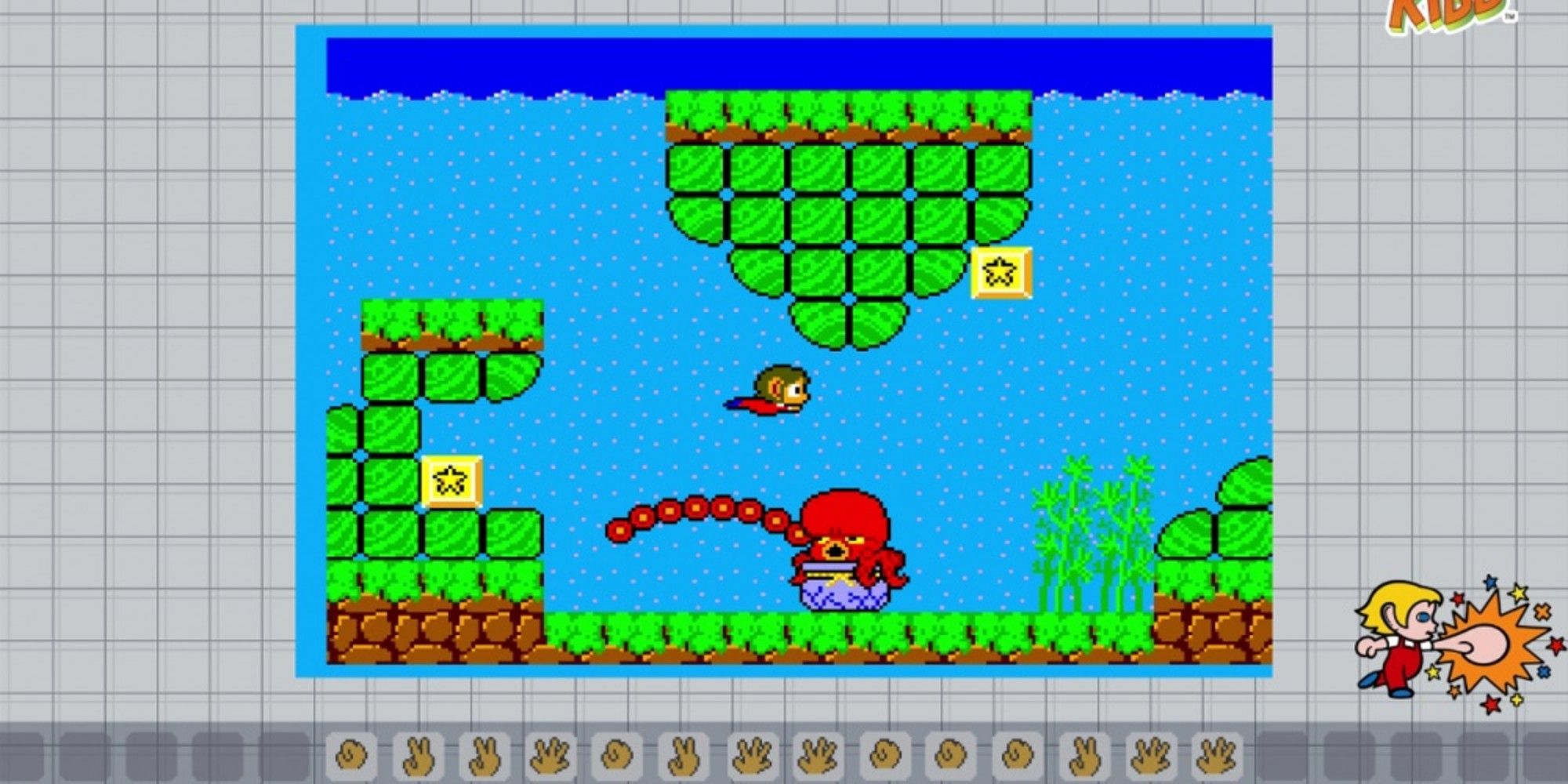Alex Kidd swimming above a red octopus in Alex Kidd In Miracle World