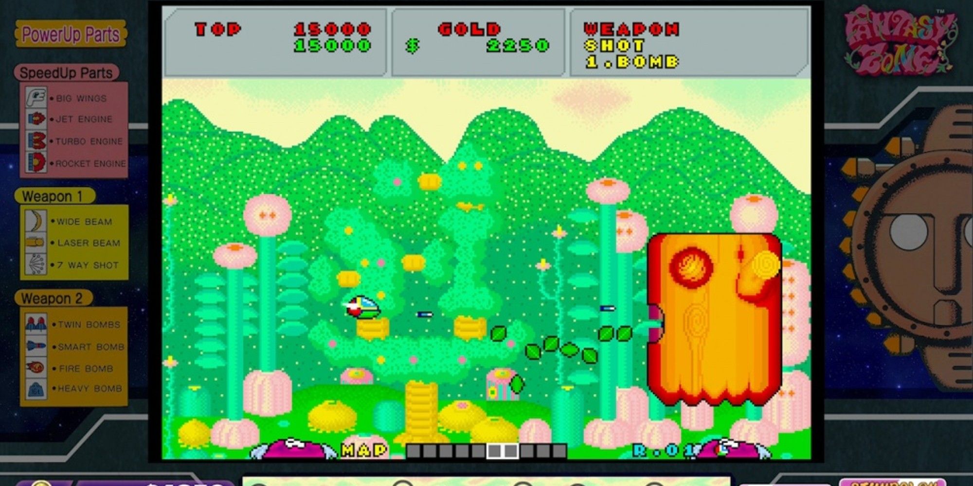 Opa-Opa fighting a giant floating wood block in a fantasy forest in Fantasy Zone