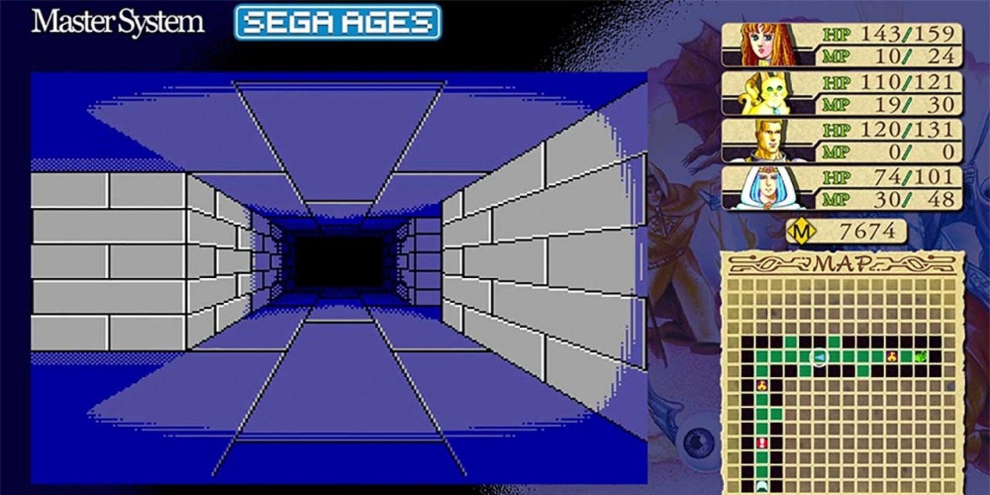 First-person dungeon next to a map and character profiles in Phantasy Star