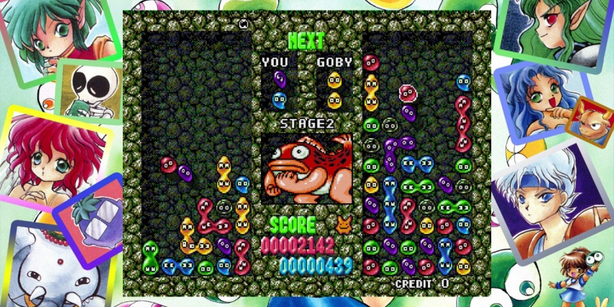 Puyo Puyo gameplay surrounded by pictures of characters