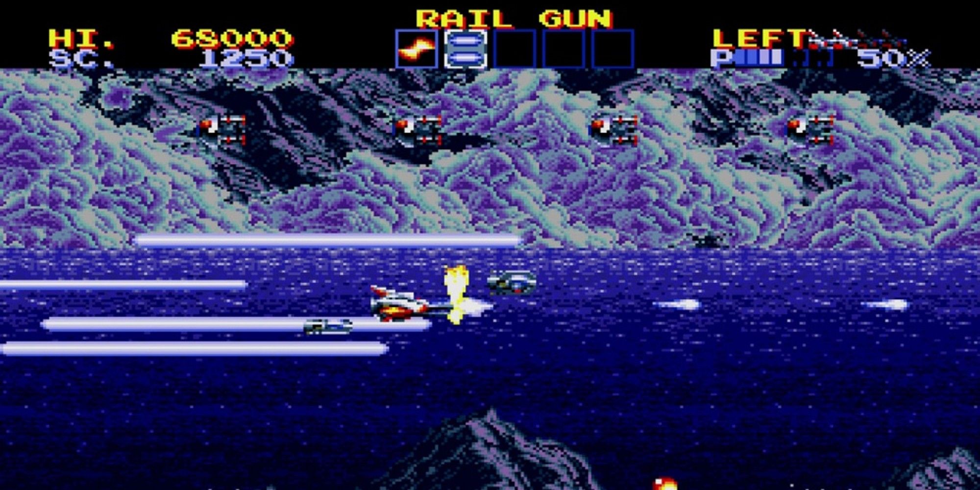 Fighter jet flying over an ocean while avoiding enemy fire in Thunder Force 4