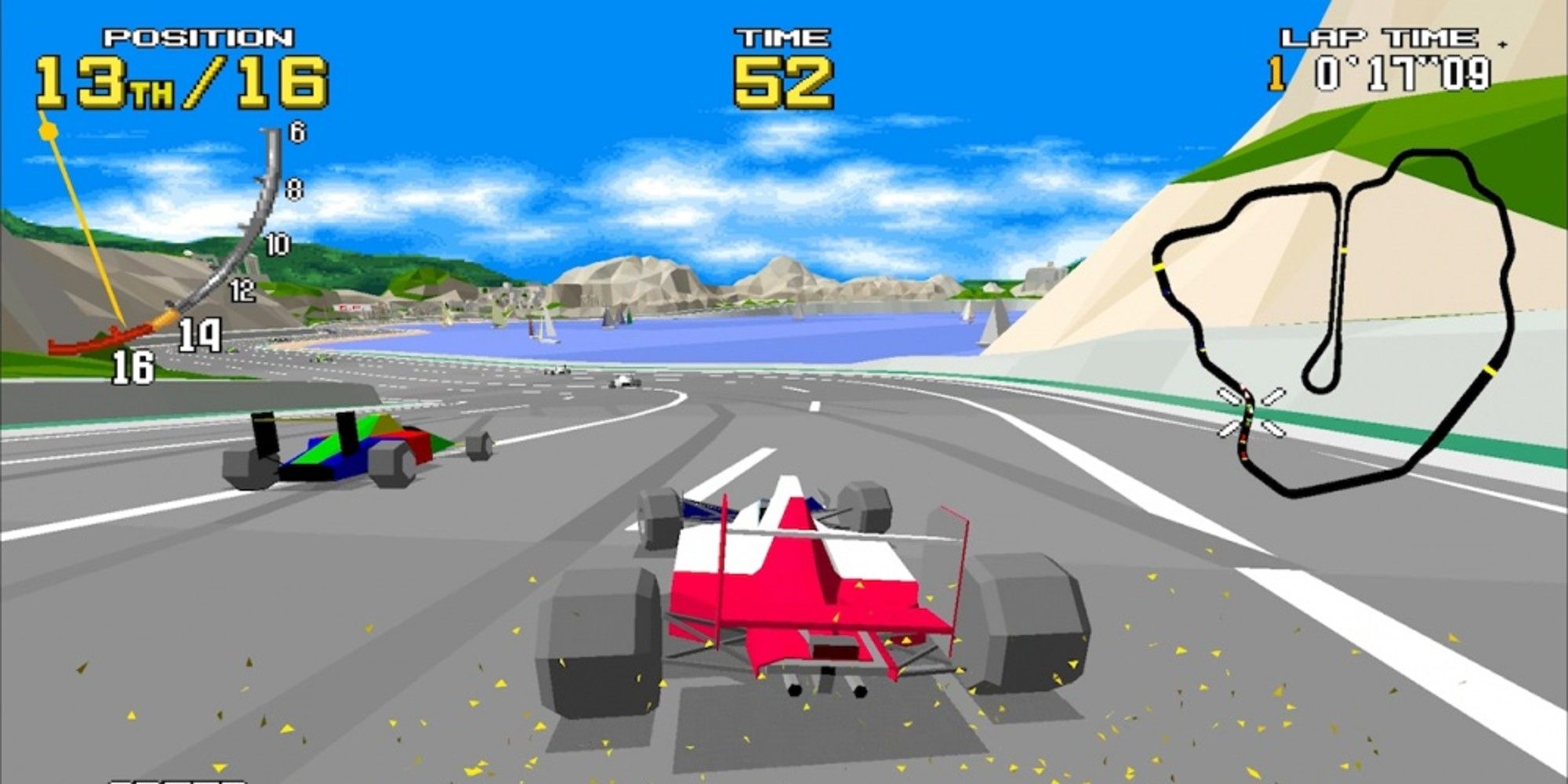 Polygonal racing car on a race track next to a lake in Virtua Racer