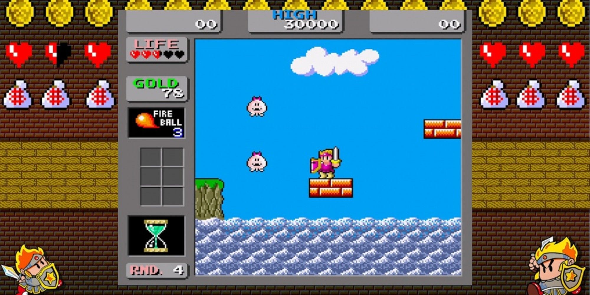 Wonder Boy standing on a platform above the ocean.