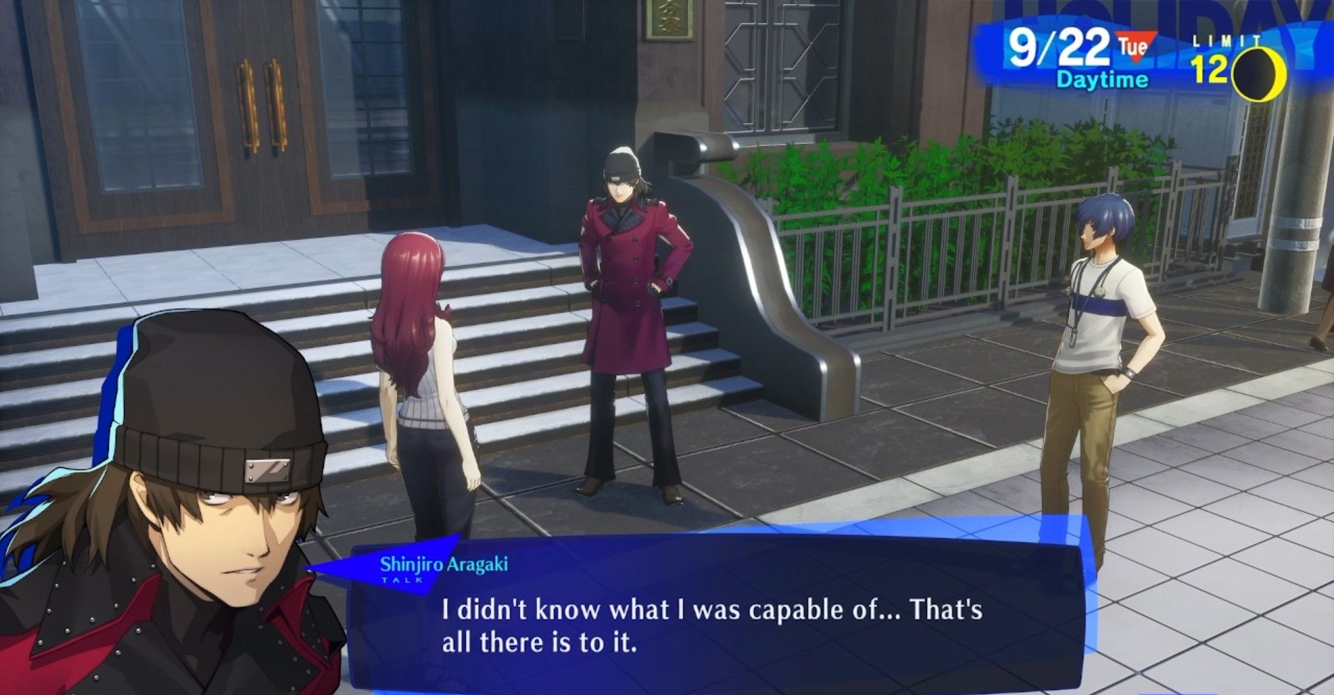 shinjiro talking to mitsuru outside iwatodai dorm persona 3 reload p3r-1