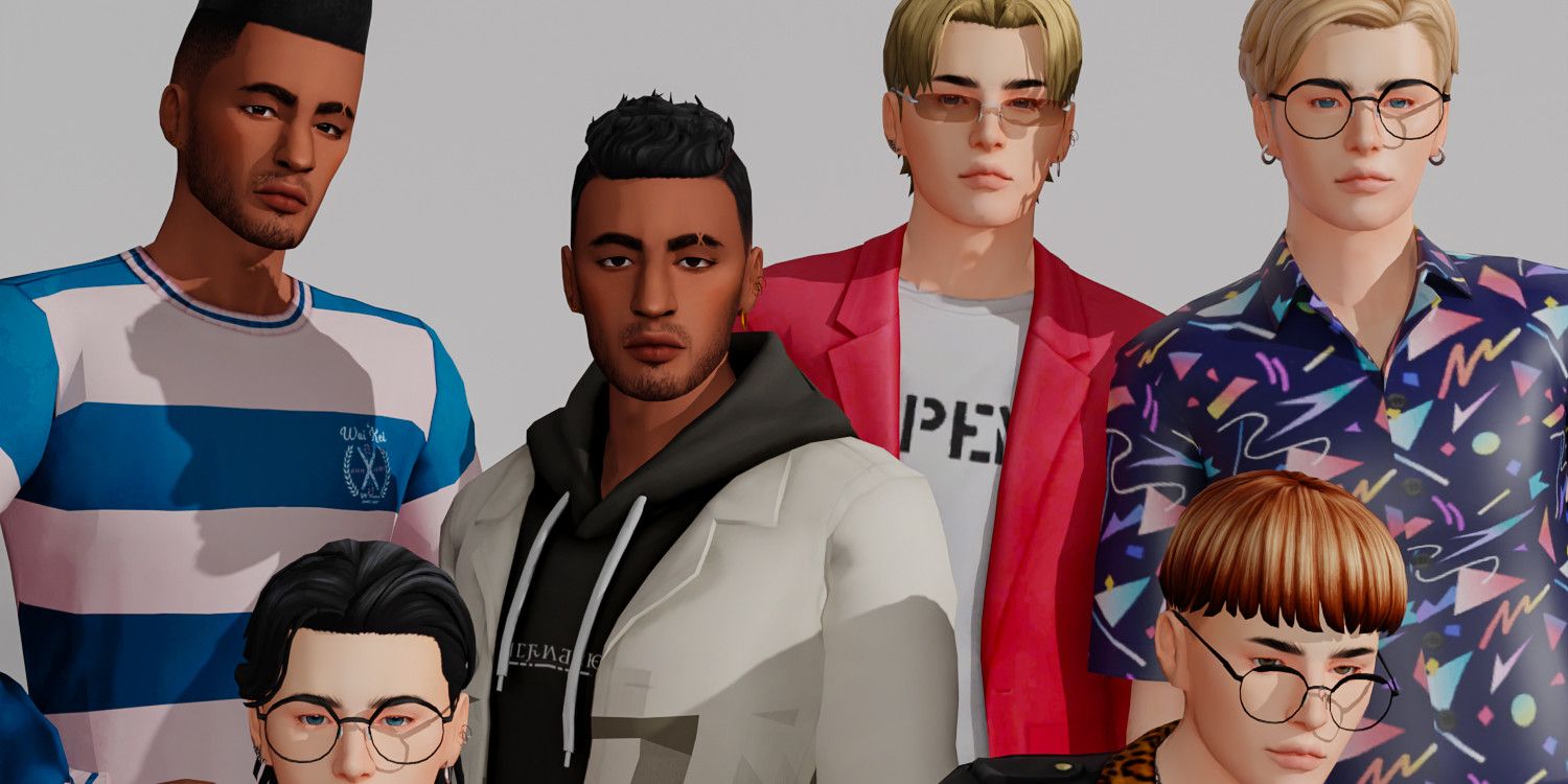 Male Sims sporting a variety of stylish 90s hairdos.
