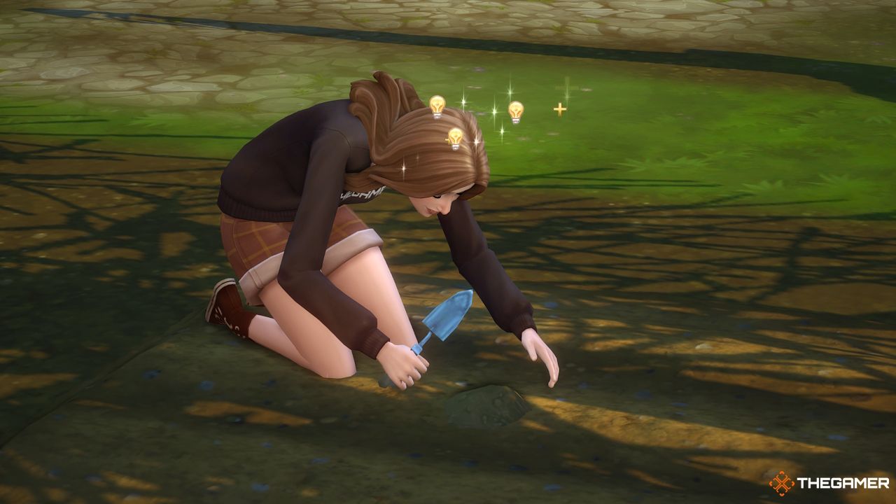 A Sim planting a fruit on the soil in Sims 4