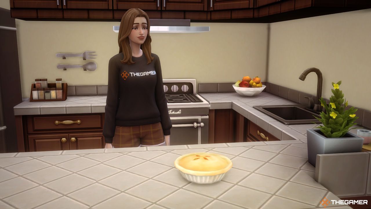 A Sim stands with their fresh baked pie in Sims 4
