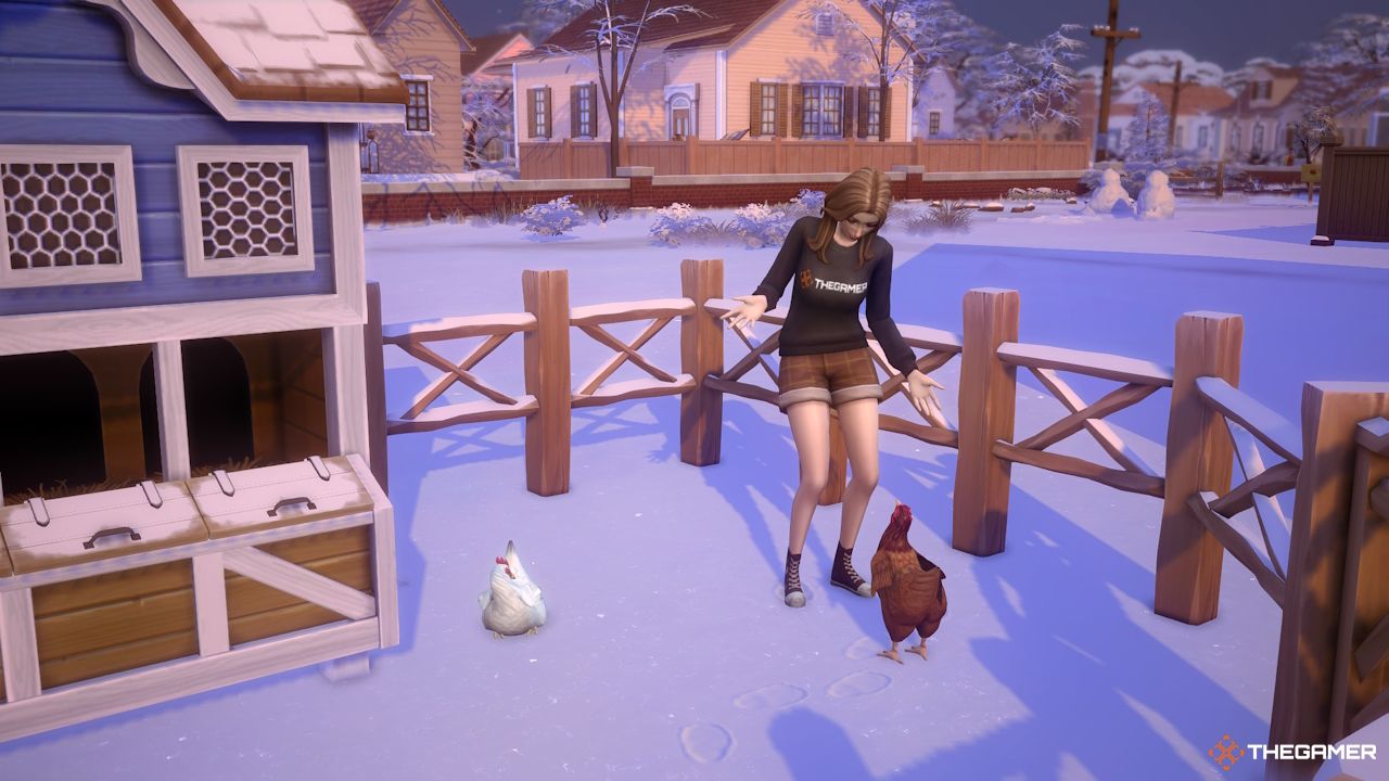 A Sim socializes with their chickens in Sims 4