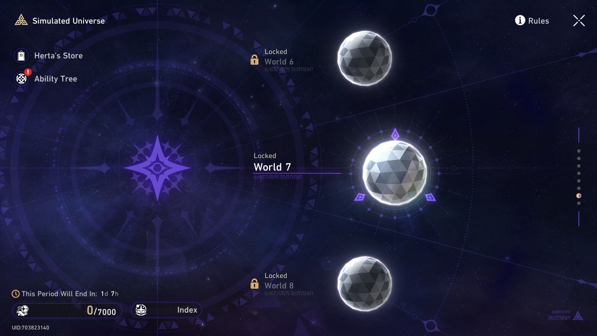 The Simulated Universe menu in Honkai Star Rail, showing the different levels.