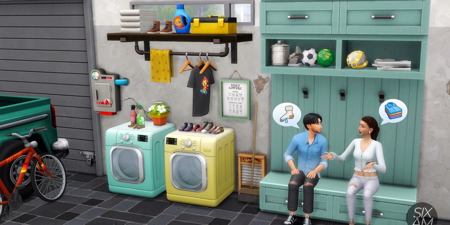 Screenshot showing the Small Spaces: Laundry Room CC Pack for The Sims 4