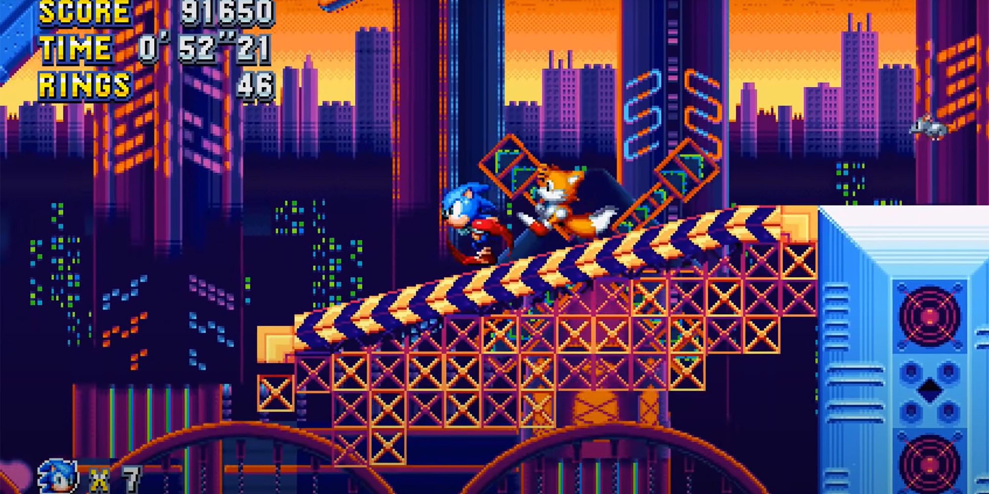 Sonic and Tails running through Studiopolis Zone in Sonic Mania Plus