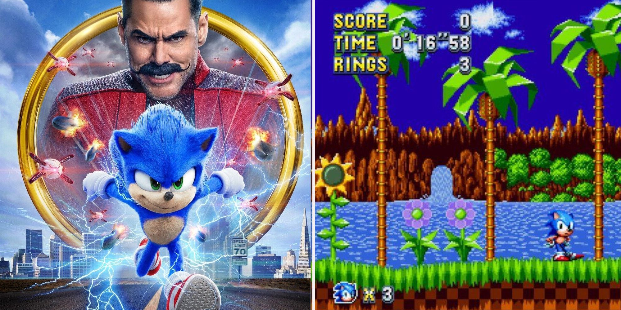 Sonic movie poster with eggman and missels and sonic standing in green hill zone