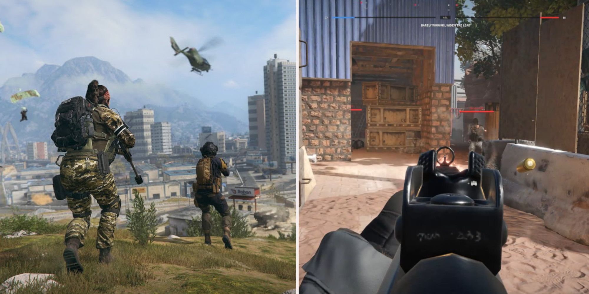 Soldiers attacking city in warzone and aiming down sights in frontlines