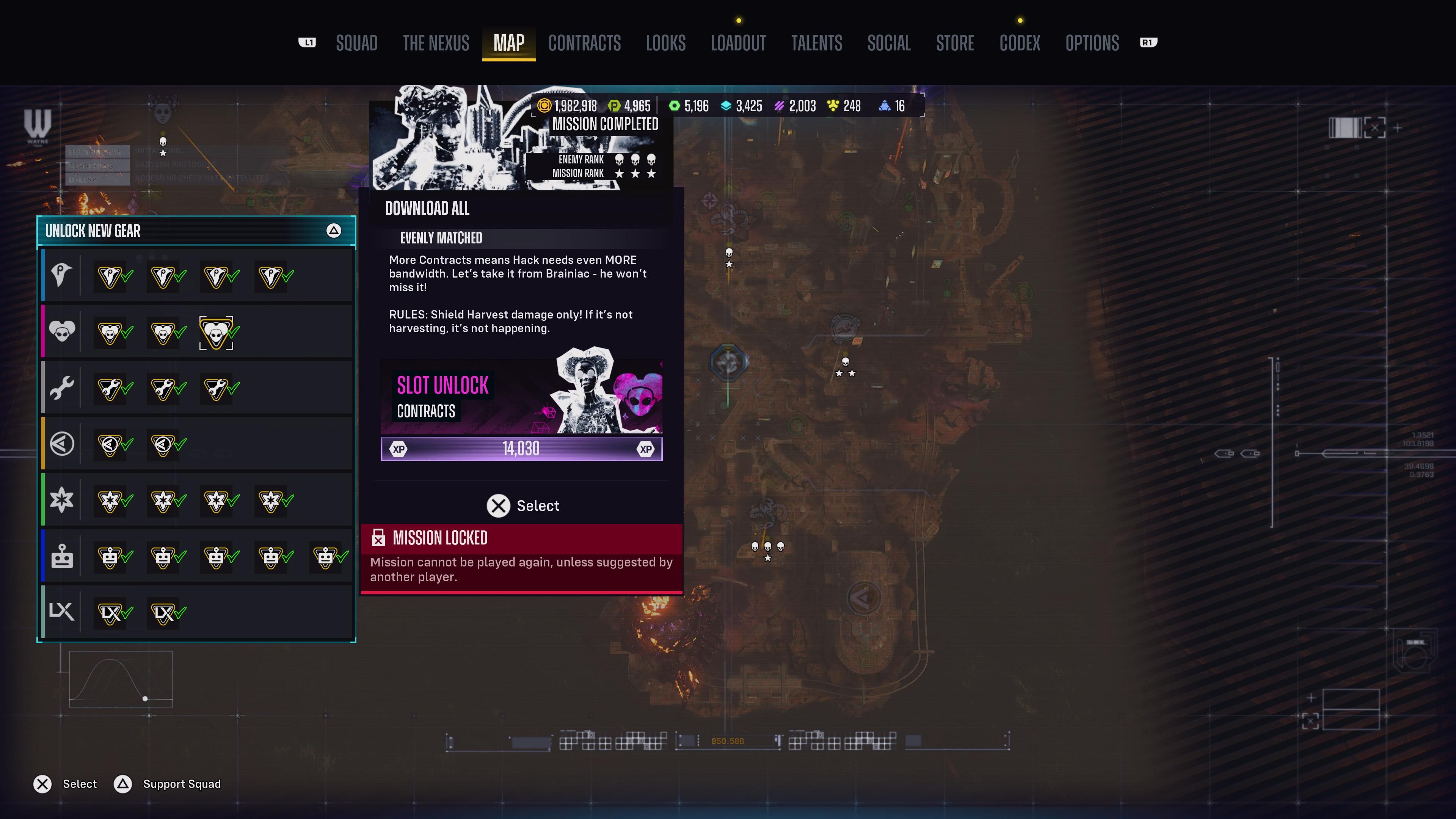 The map scree with Hack's support squad missions highlighted in Suicide Squad: Kill the Justice League