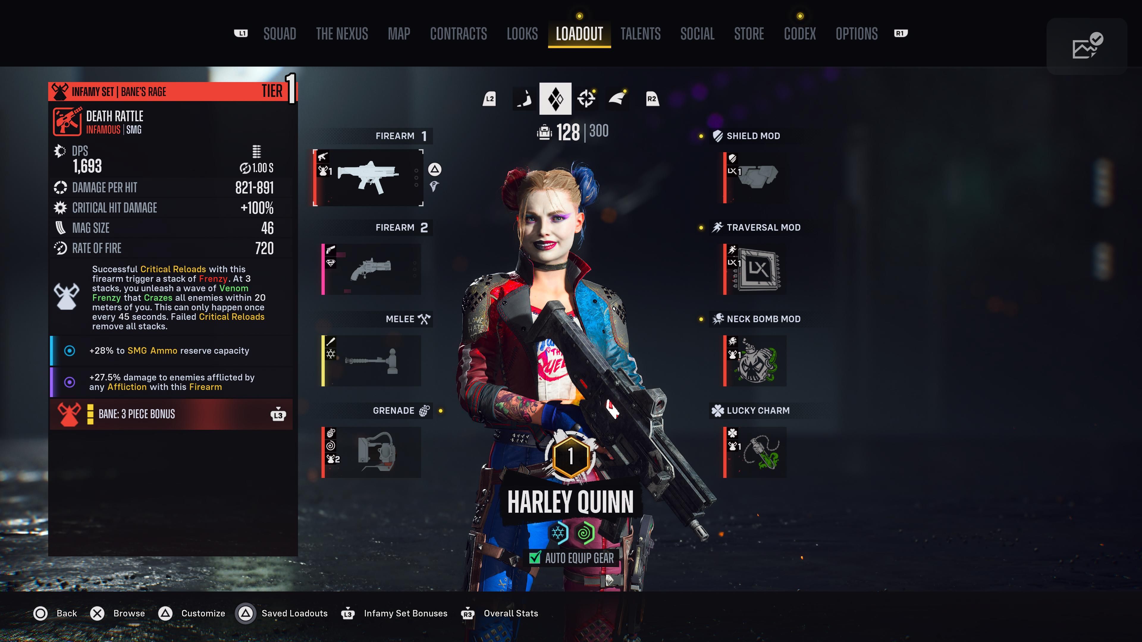 Harley Quinn's loadout screen in Suicide Squad: Kill the Justice League