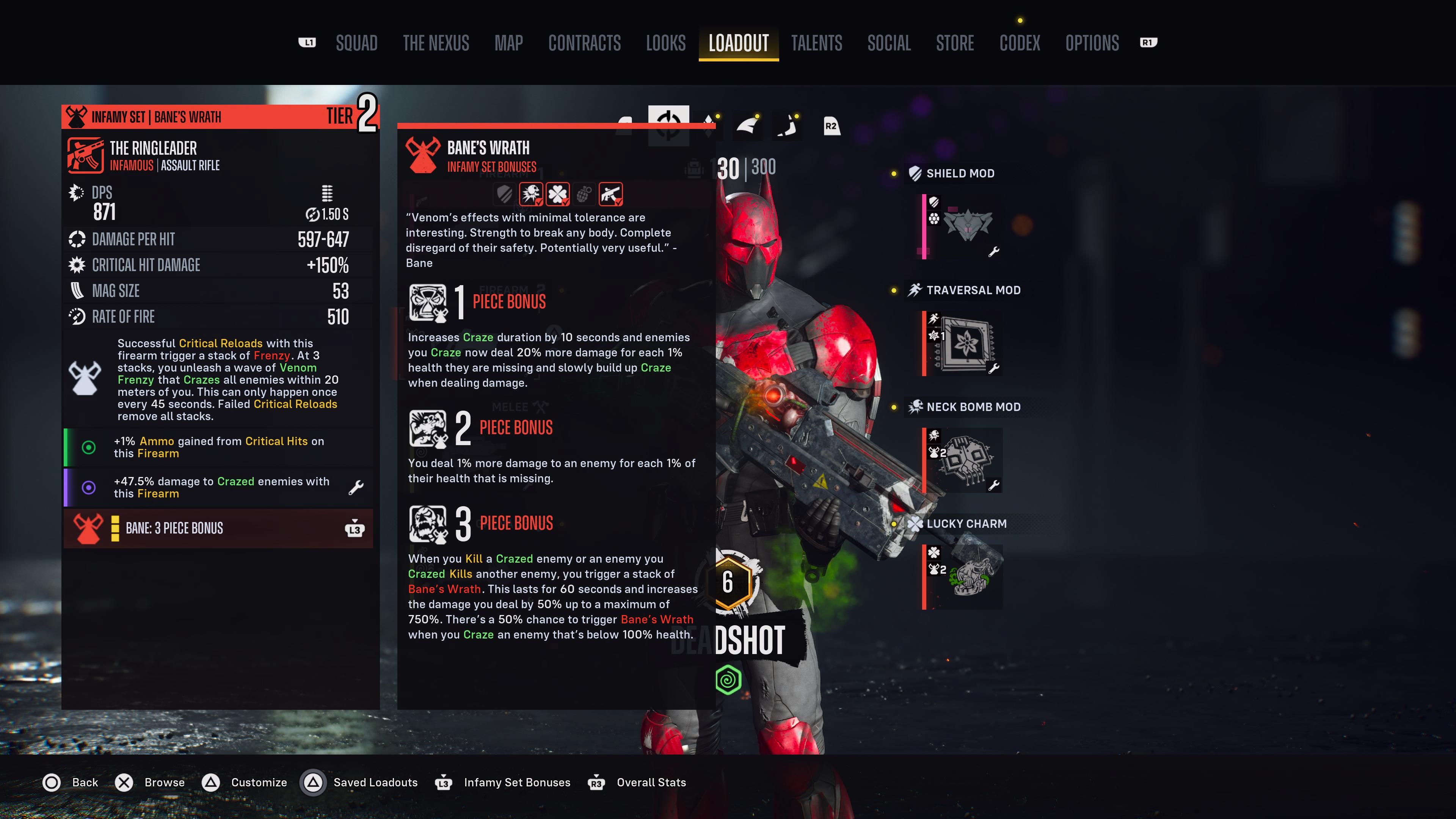 Deadshot's loadout menu with the Bane's Wrath infamy set equipped in Suicide Squad: Kill the Justice League