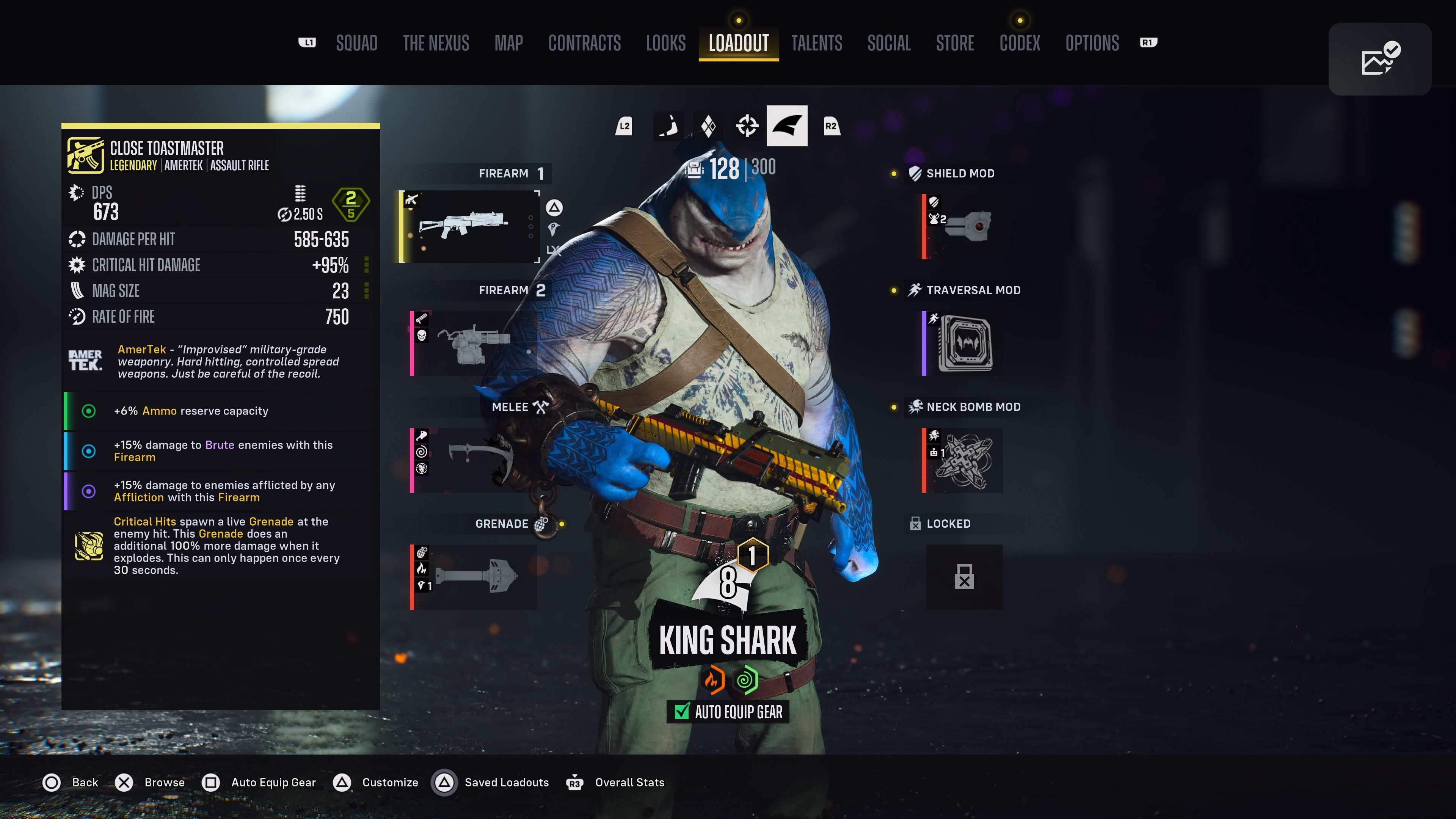King Shark's loadout screen in Suicide Squad: Kill the Justice League