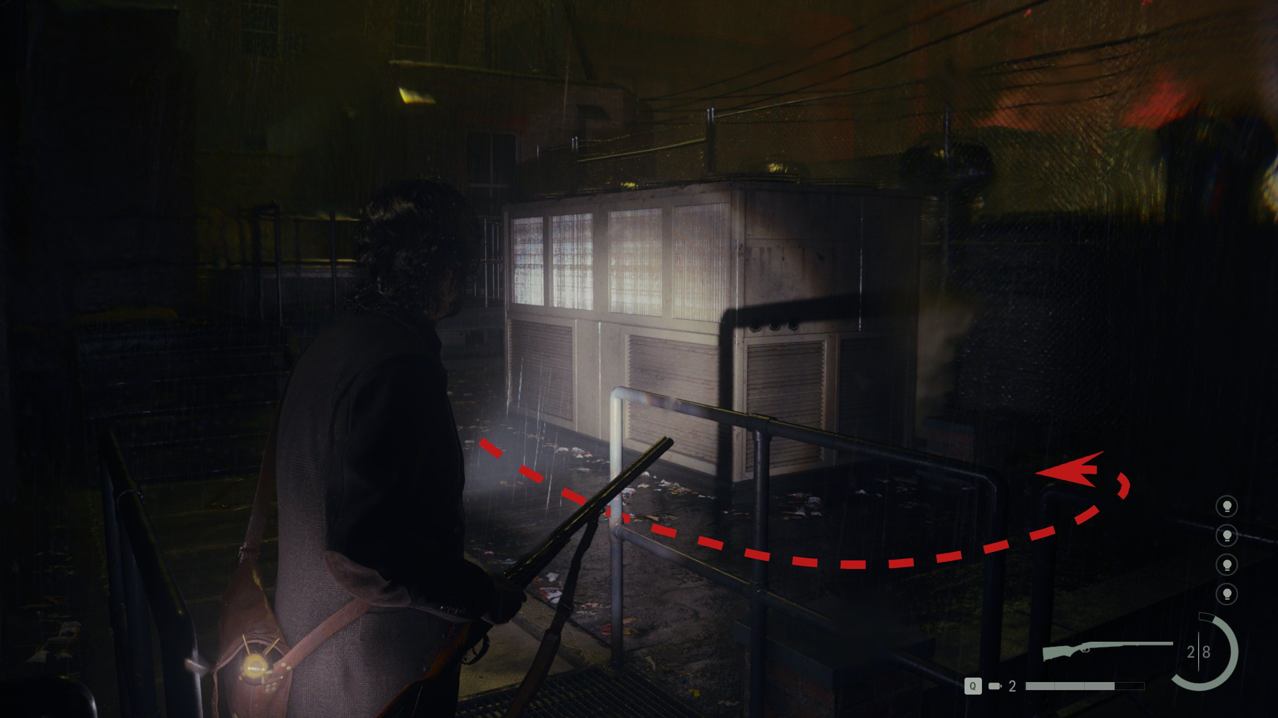 Alan shines a light on an Air Conditioning block. A red arrow shows the route to some stairs hidden behind it.