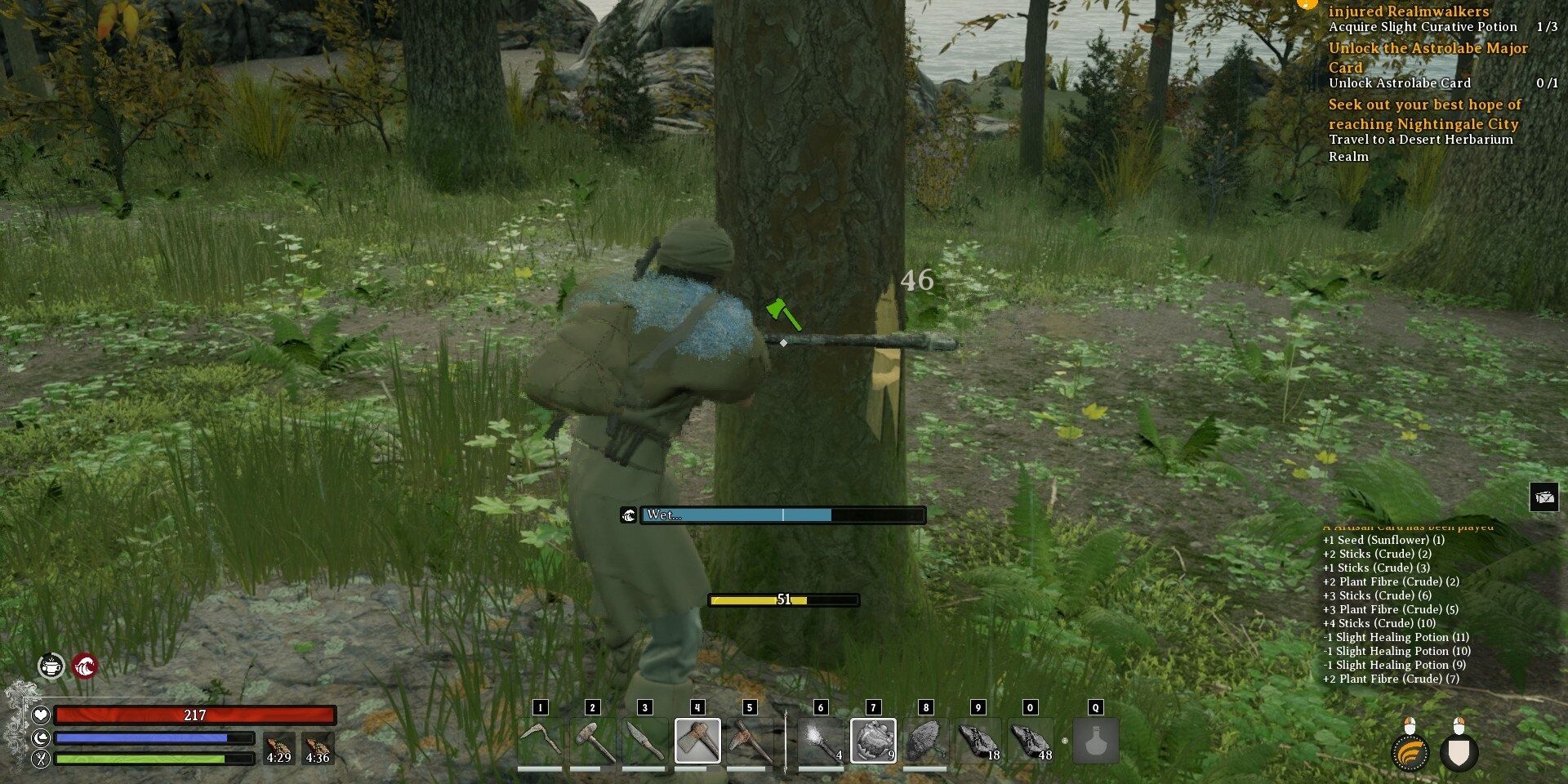Player chopping a tree with an axe in nightingale