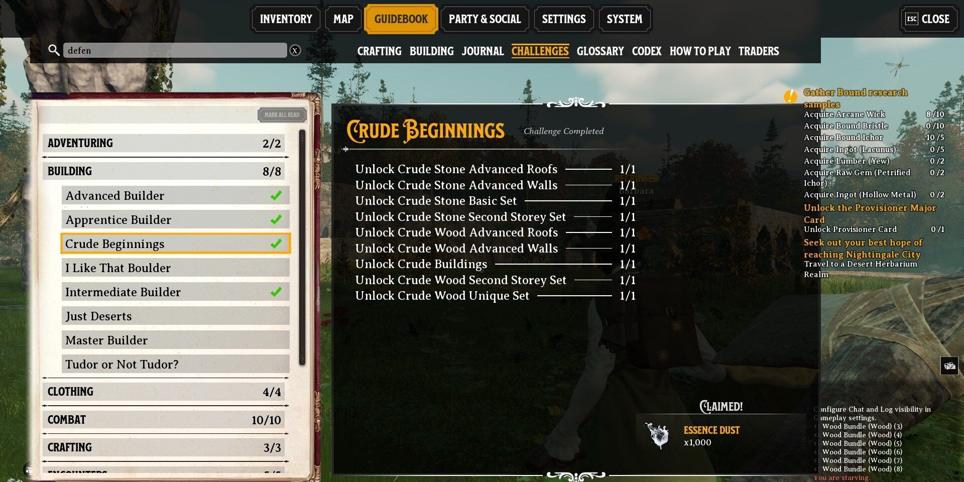 the challenges tab details in Nightingale