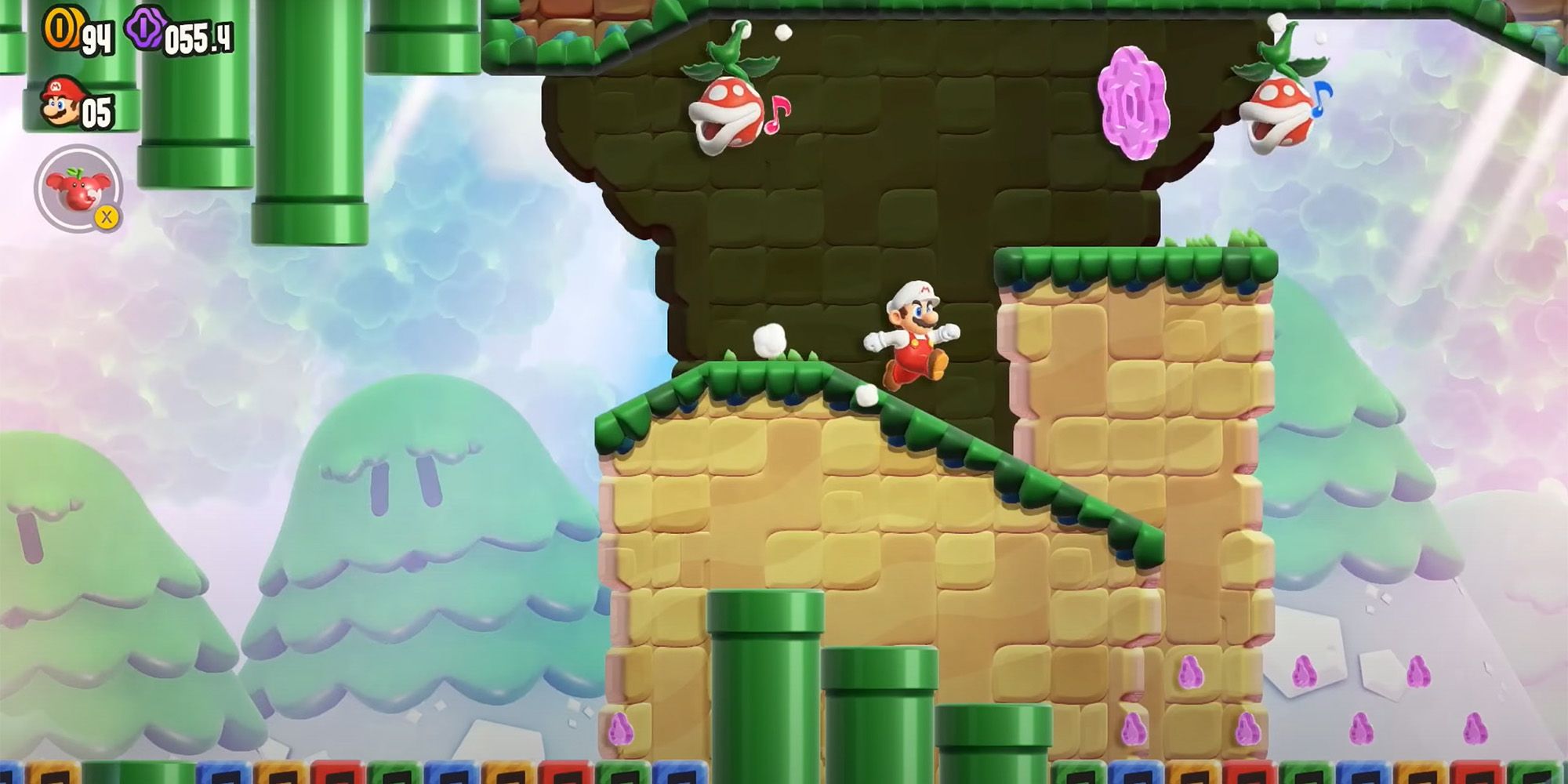 Fire Mario dodging singing Piranha Plants in Super Mario Bros. Wonder