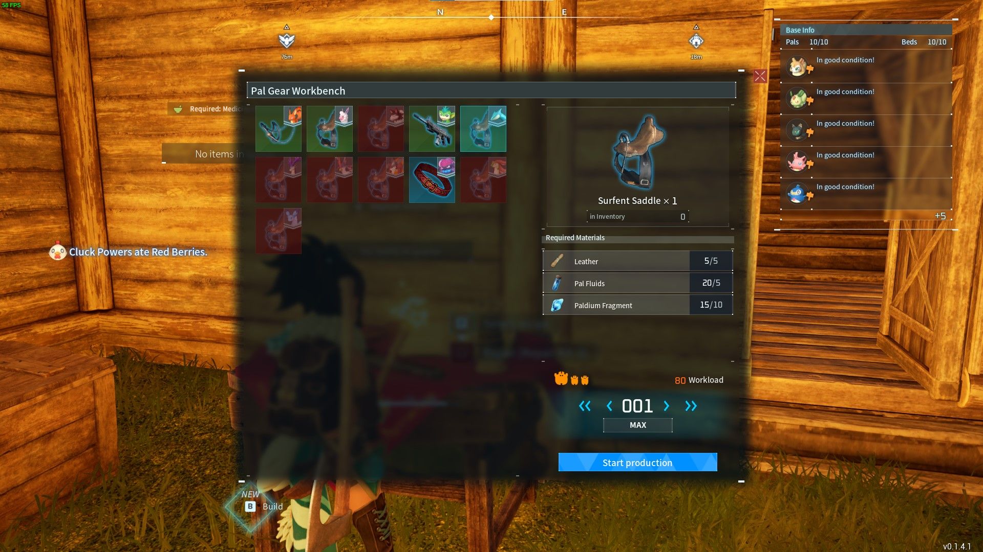 Palworld: An image of surfent's saddle in the crafting menu of the Pal Gear Workbench