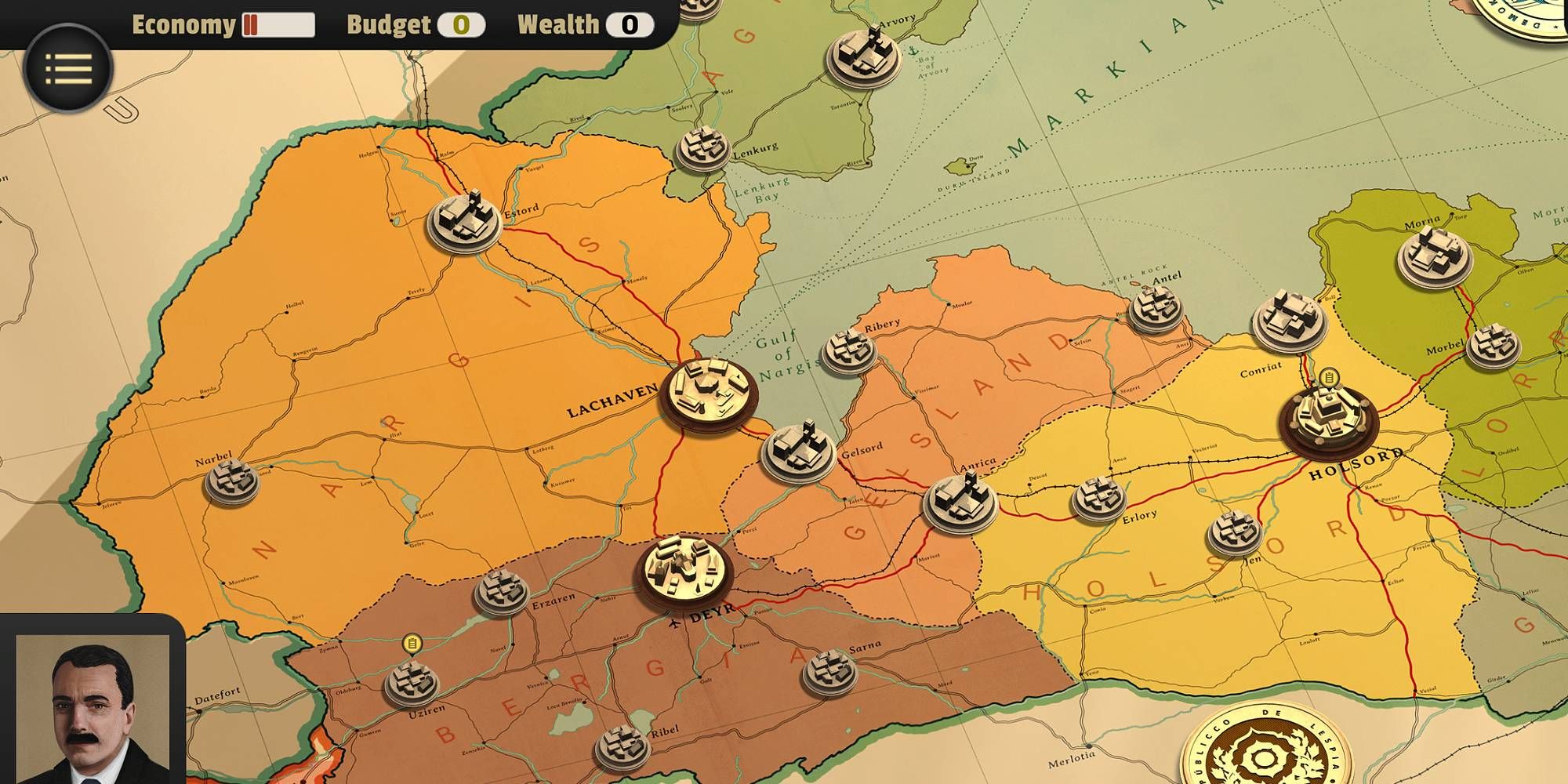 A map showcasing different areas of a nation with dotted cities from Suzerain