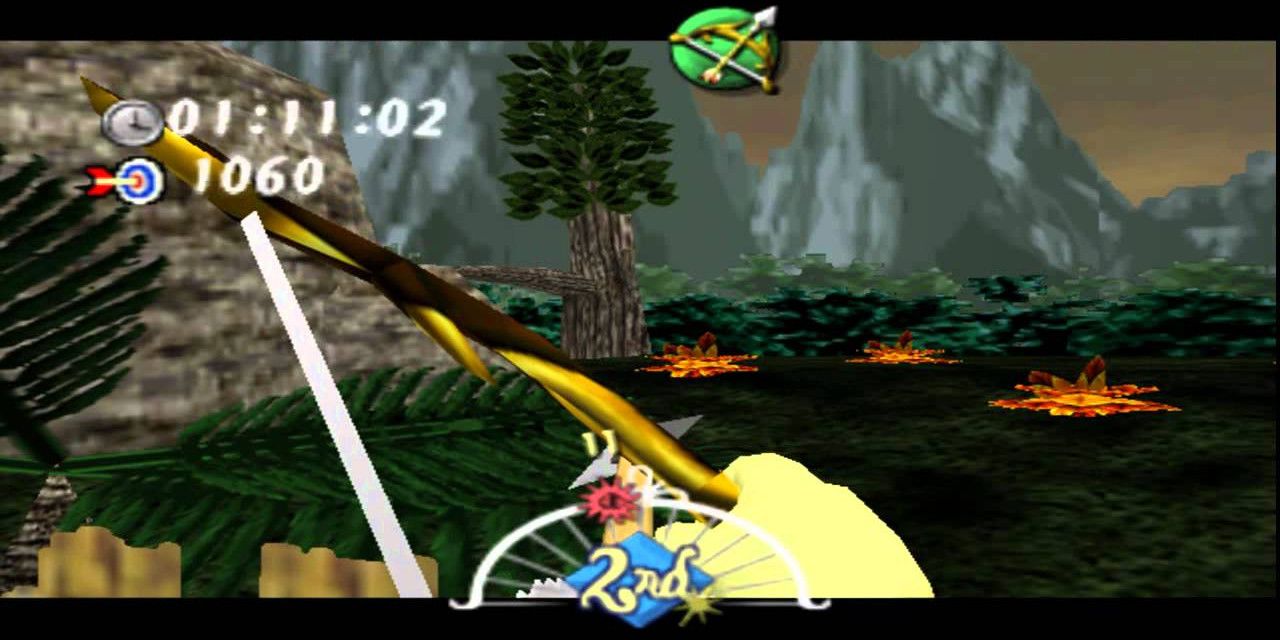 Link playing the Swamp Shooting Gallery minigame in The Legend of Zelda: Majora's Mask