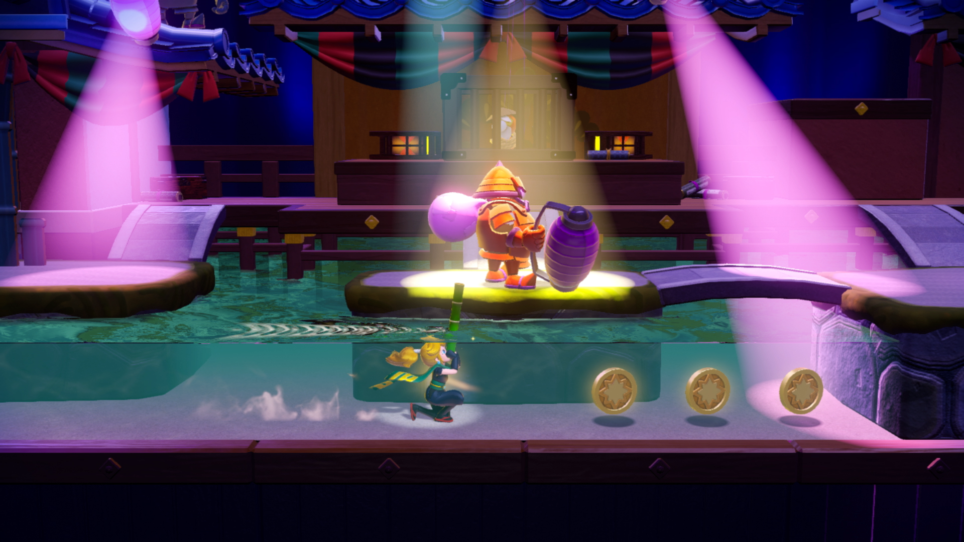 Princess Peach hiding in water as a ninja in Princess Peach: Showtime.