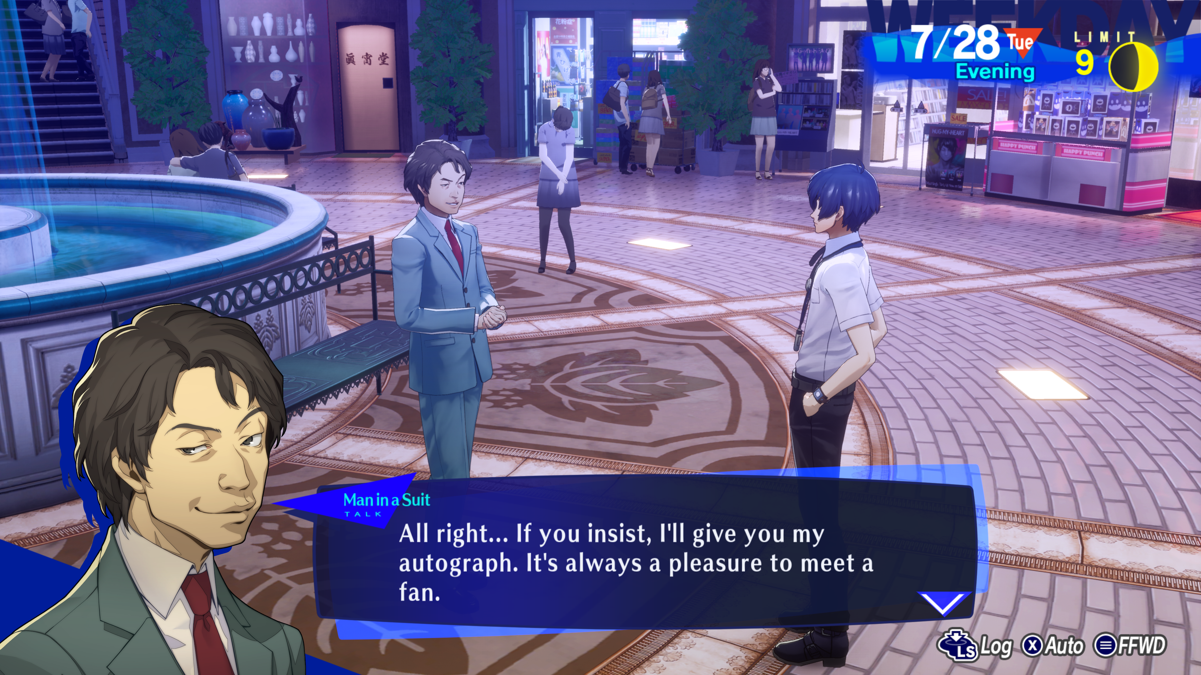 Tanaka offering his autograph to the protagonist at Paulownia Mall in Persona 3 Reload