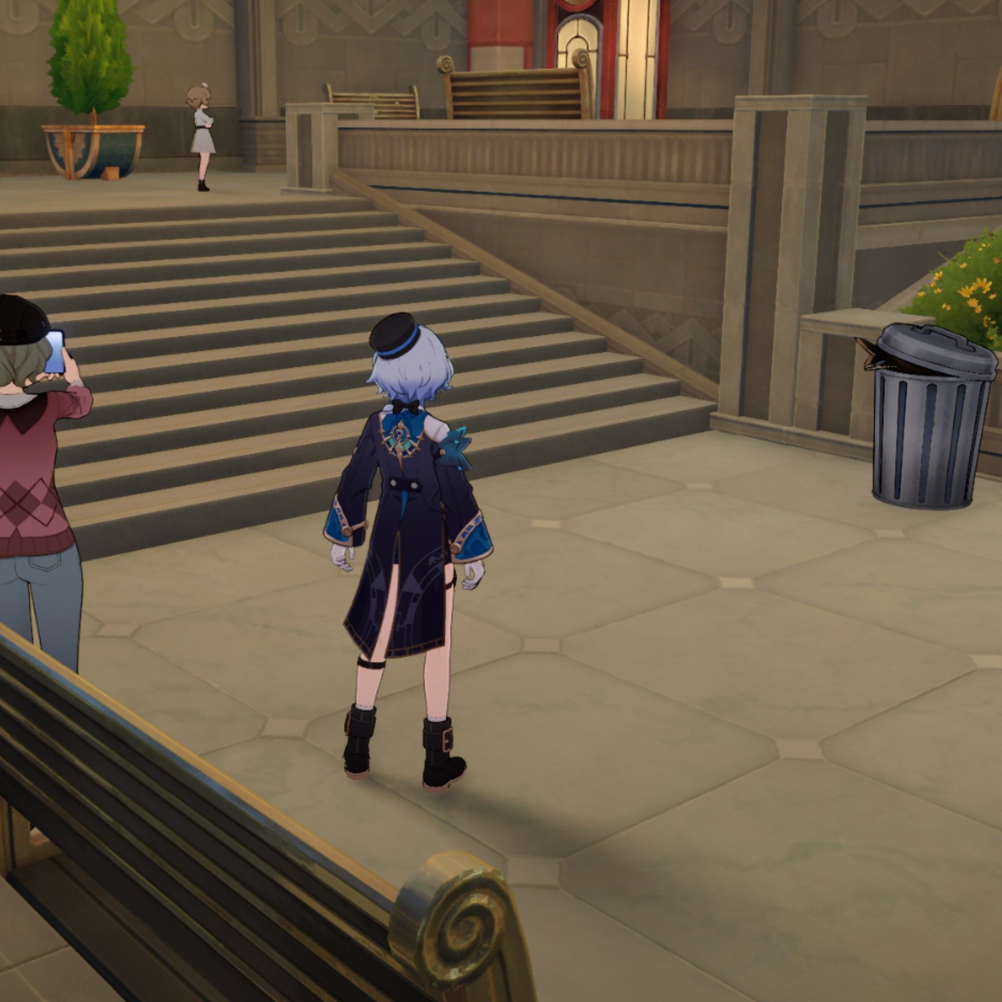 Honkai Star Rail's Misha stands near a trash can.