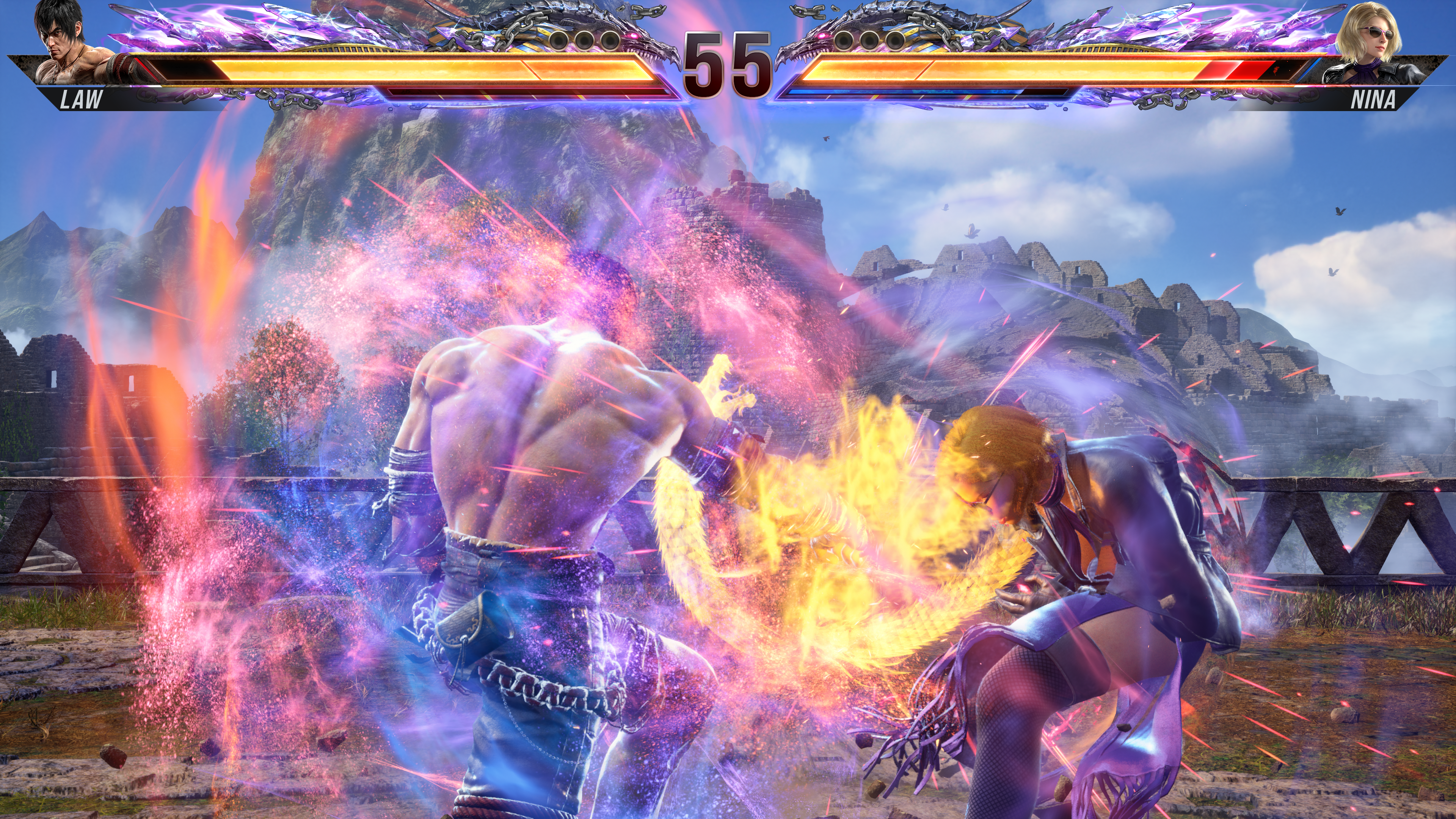 Law executing his Heat Smash on Nina in Tekken 8
