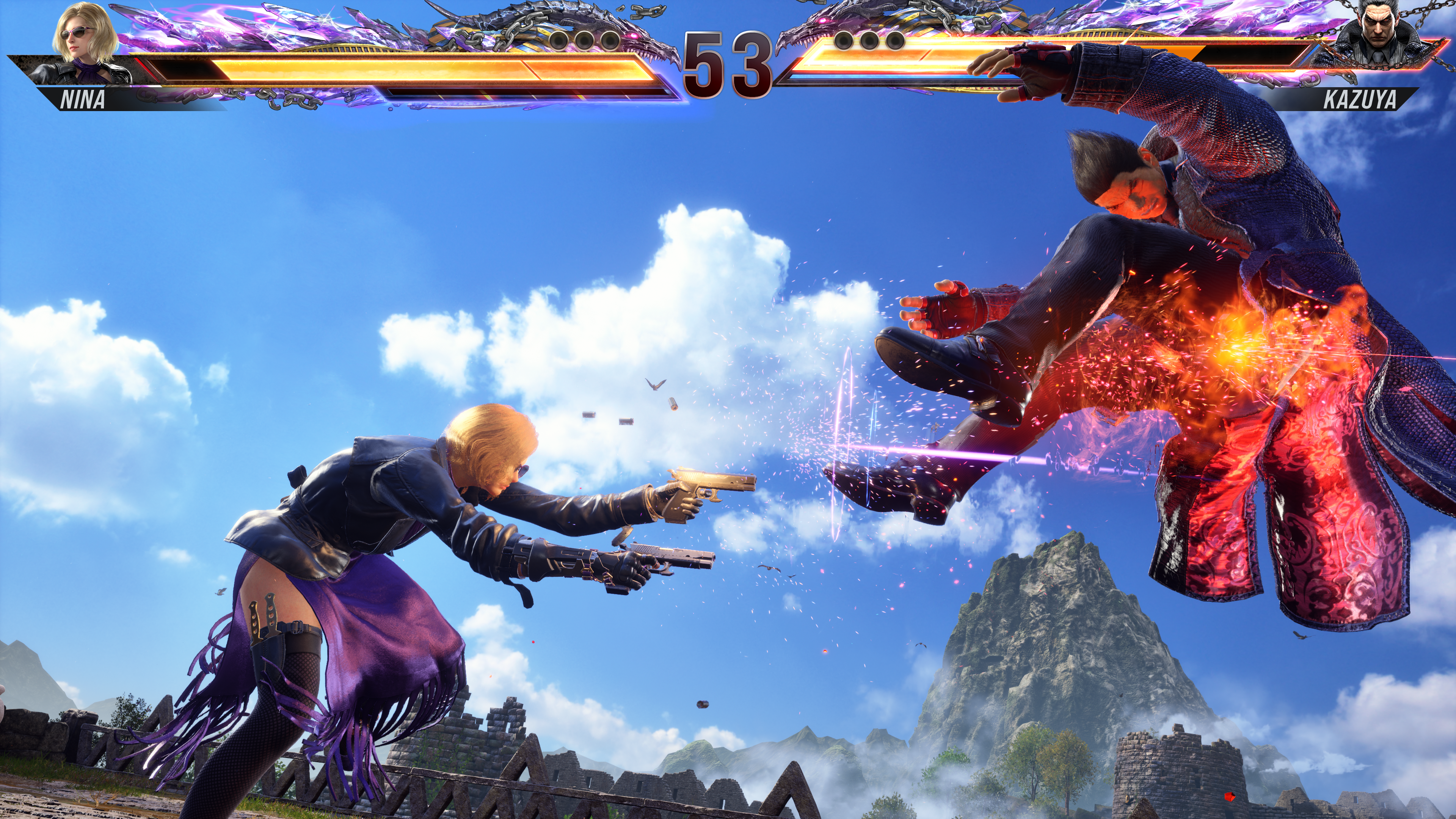 Nina Williams shooting Kazuya with her Dual Pistols during her Heat Smash in Tekken 8