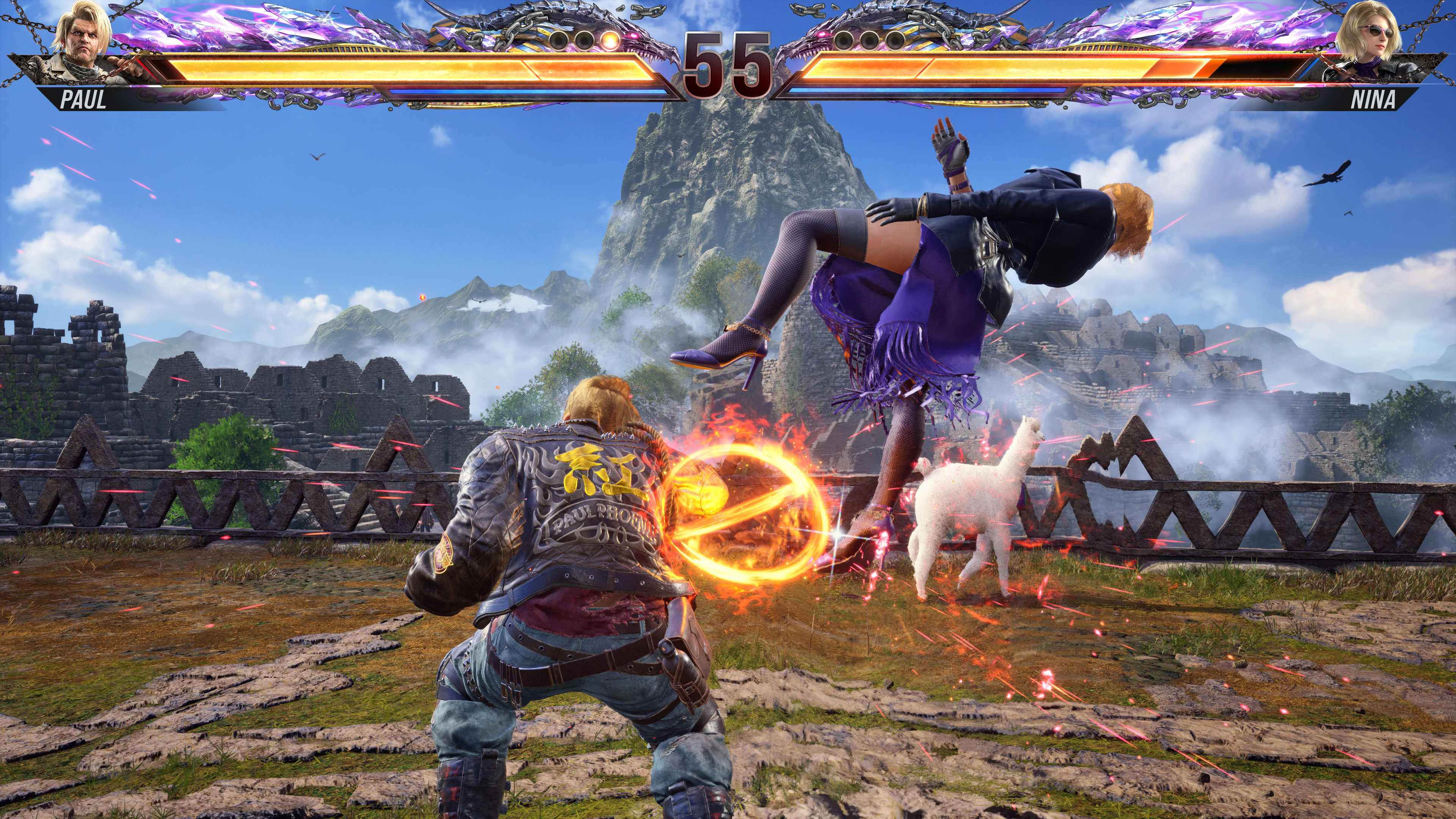 Paul landing his Phoenix Smasher attack on Nina in Tekken 8