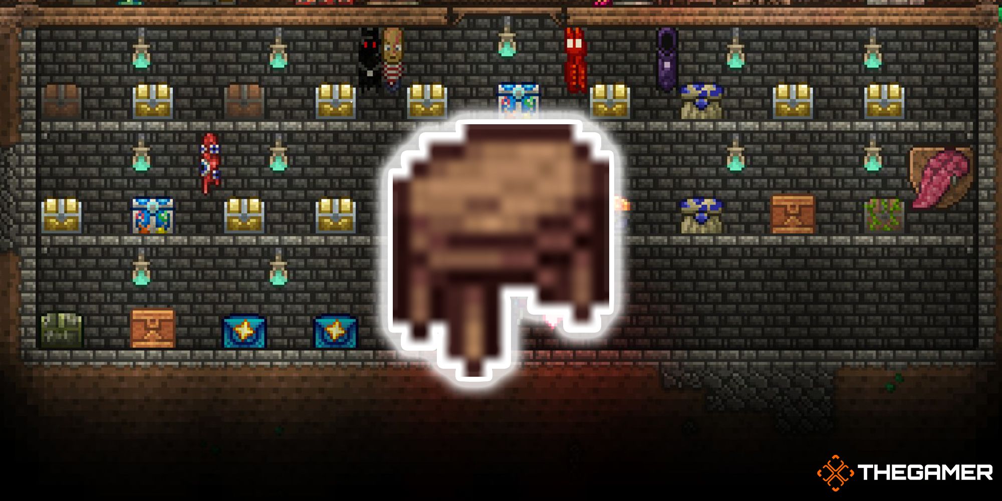 Terraria Accessory Step Stool With A Background That Has A Lot Of Various Chests