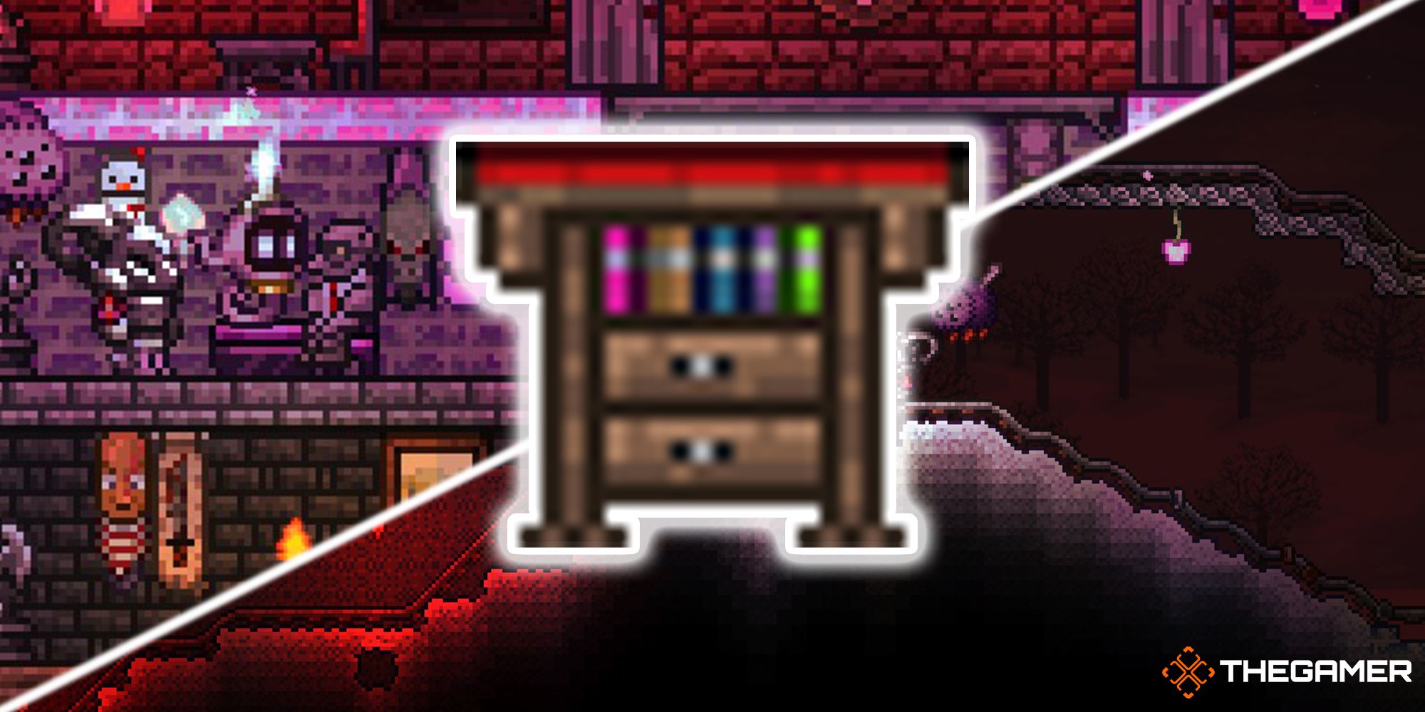 Terraria Character Next To Goblin Tinkerer On Left And Tinkerer's Workshop In Middle