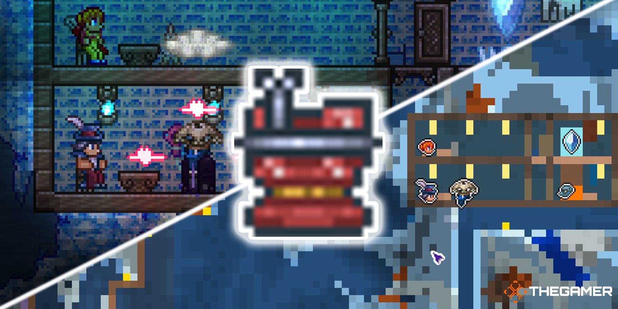 Terraria Character Next To Sitting Traveling Merchant In Underground Snow Layer On Left And Architect Gizmo Pack On Middle