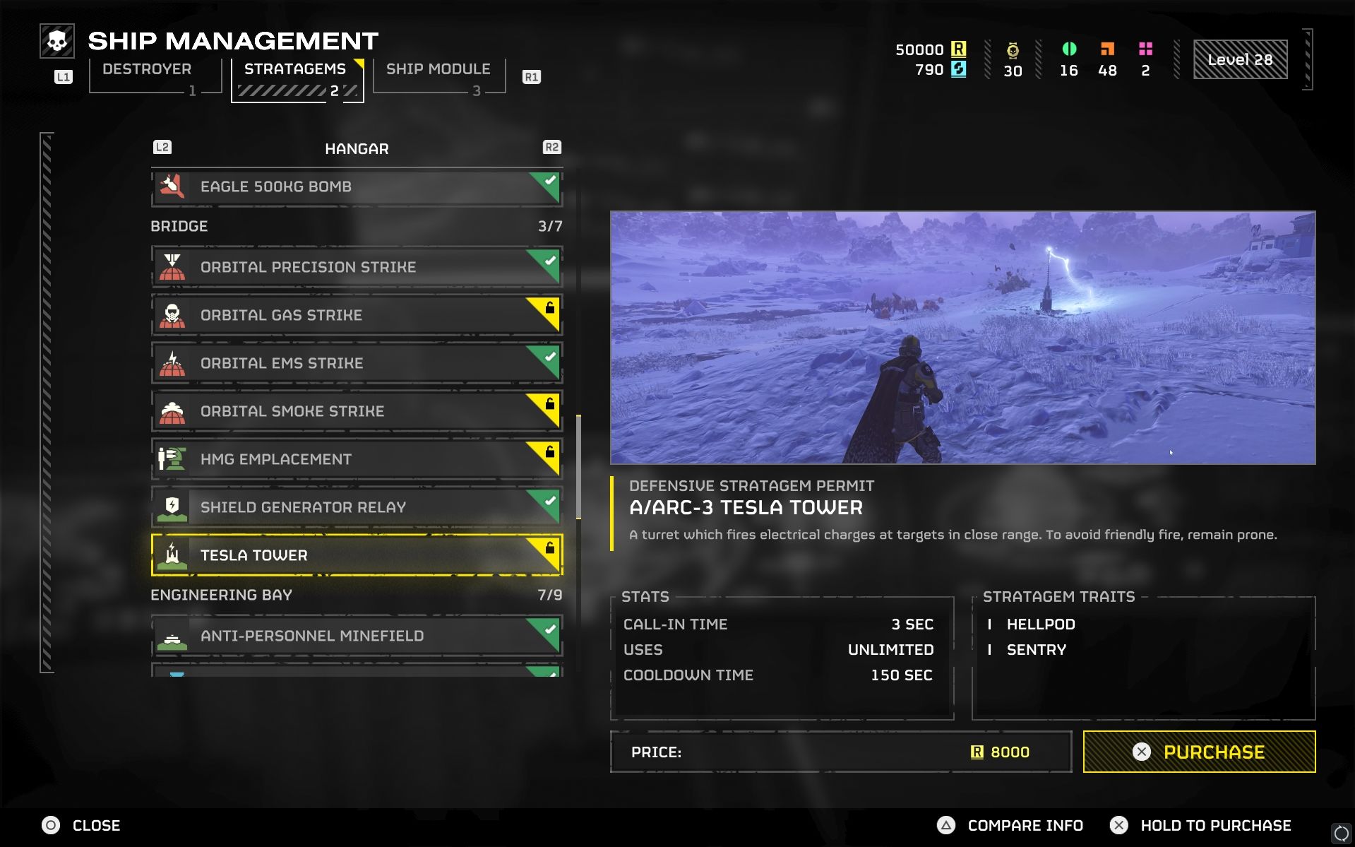 Tesla Tower defensive Stratagem purchase screen in Helldivers 2