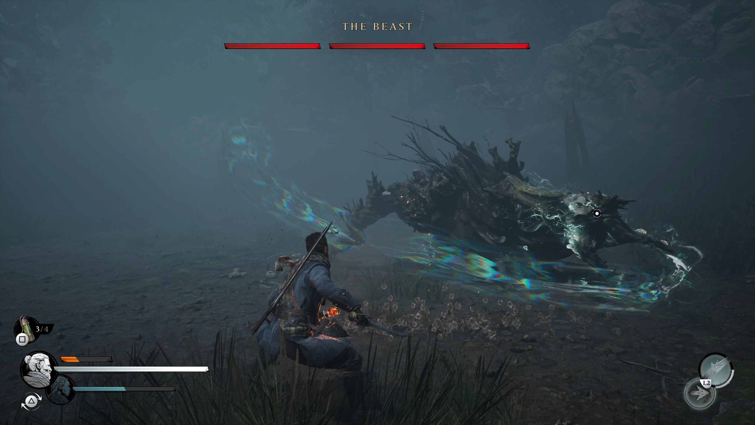 The beast is attacking Red while he dodged it - Banishers Ghosts of New Eden