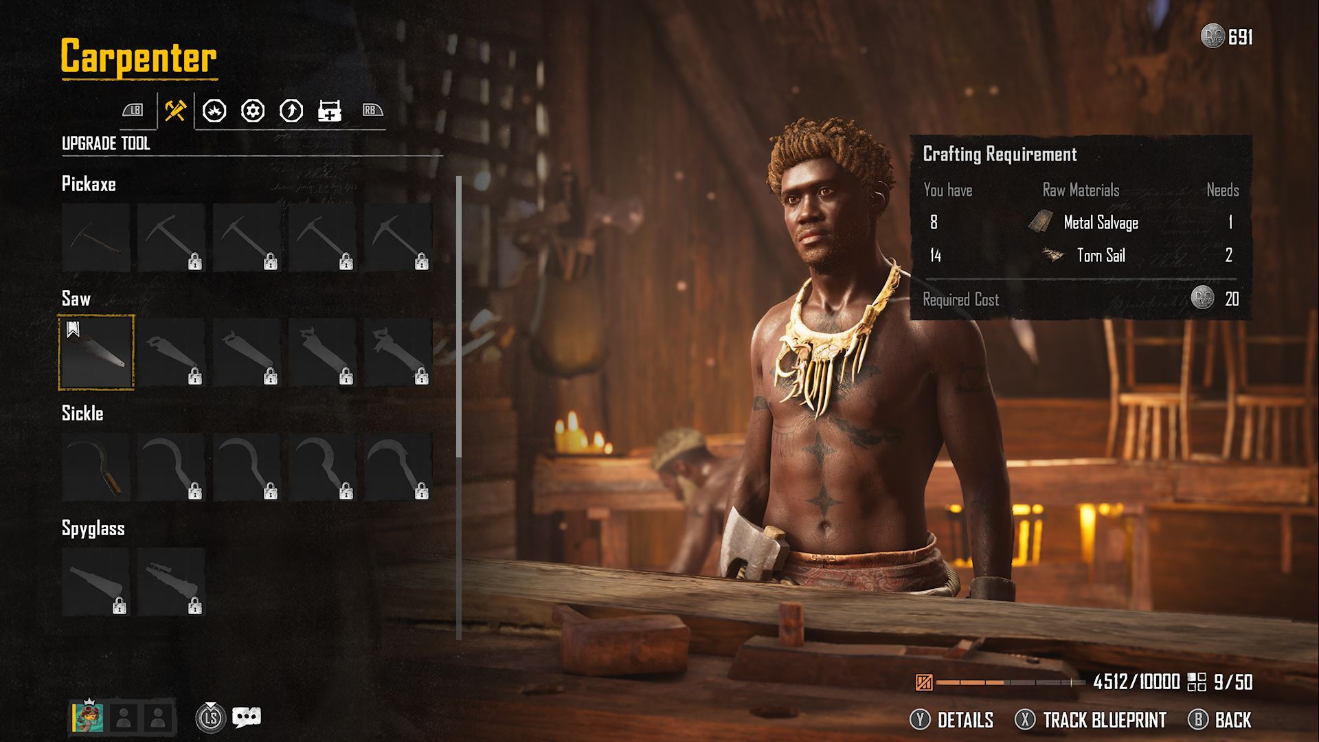 The Carpenter's crafting menu open, showing an array of craftable tools in Skull and Bones.