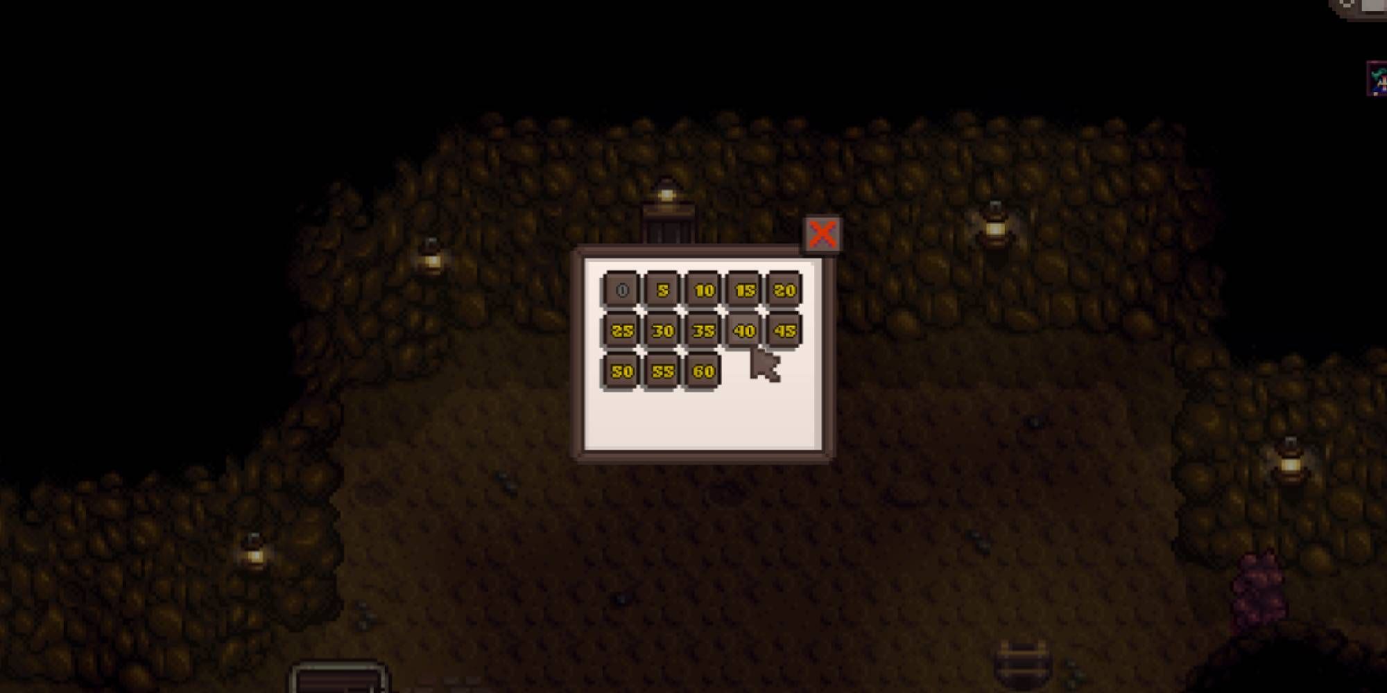 Stardew Valley the Elevator Menu with the Stardew Valley cursor over floor 40