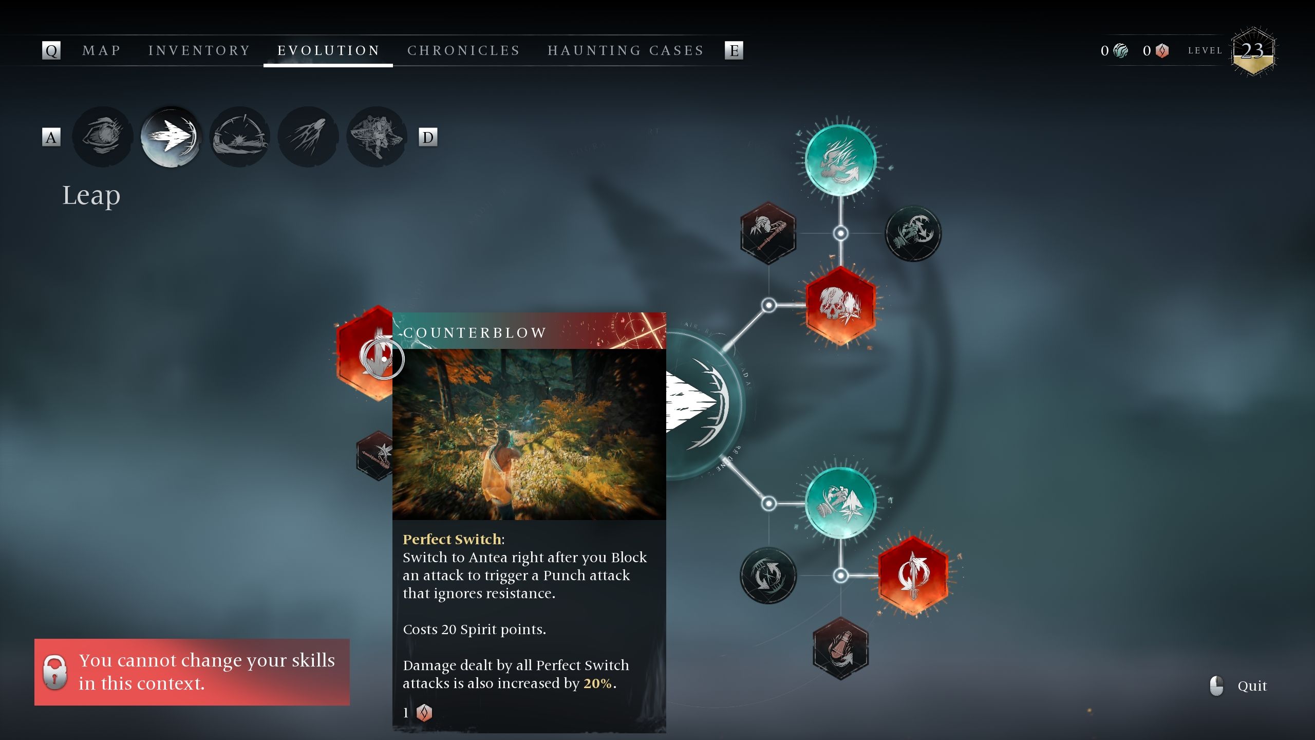 The evolution menu showing the Counterblow Perfect Switch skill - Banishers Ghosts of New Eden