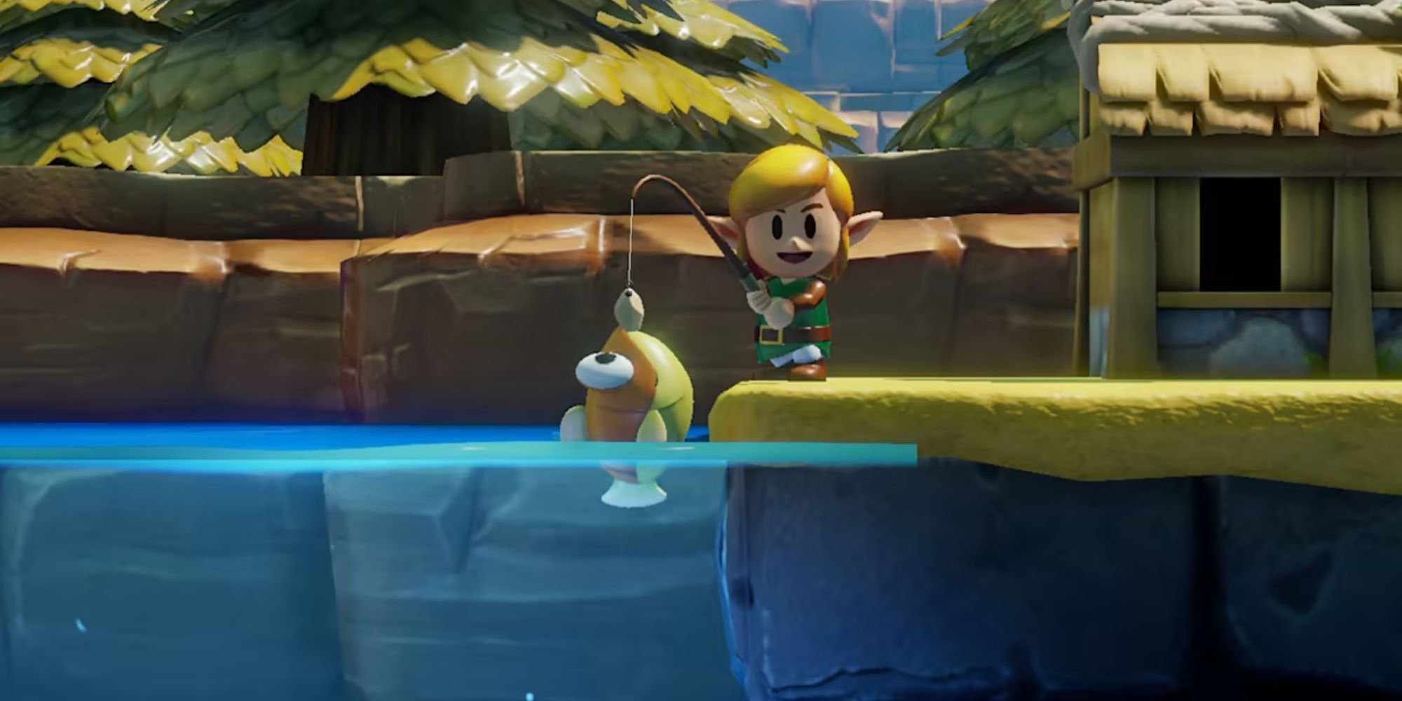 Link smiles while pulling a fish out of a pond